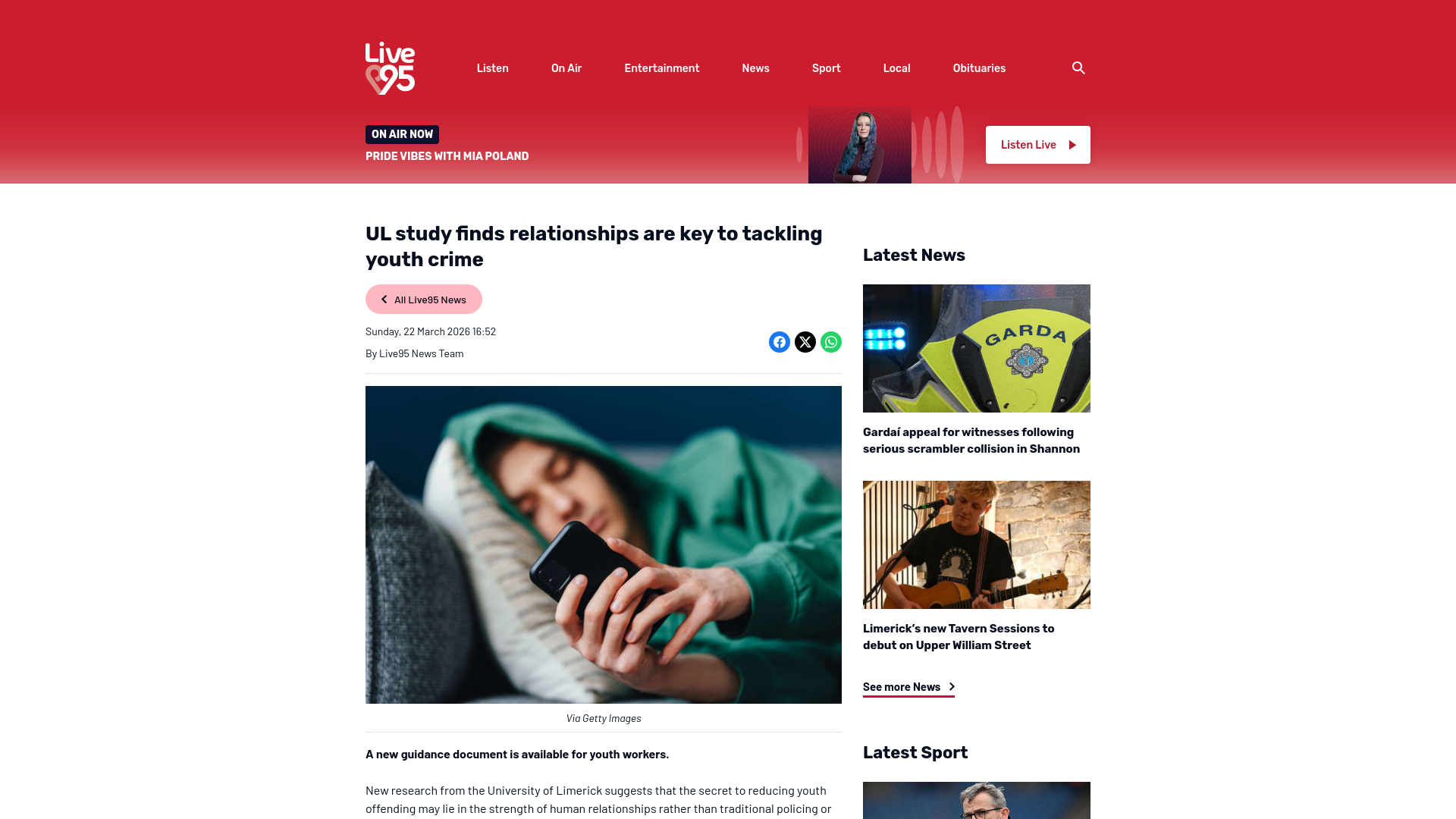 website screenshot of https://www.live95fm.ie/news/live95-news/ul-study-finds-relationships-are-key-to-tackling-youth-crime/