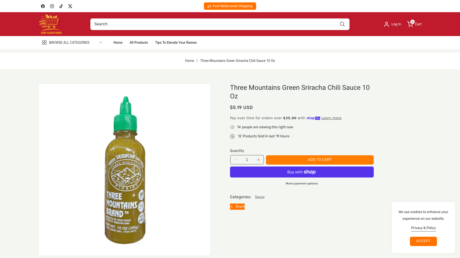 website screenshot of https://shopasianfoods.com/products/three-mountains-green-sriracha-chili-sauce-10-oz