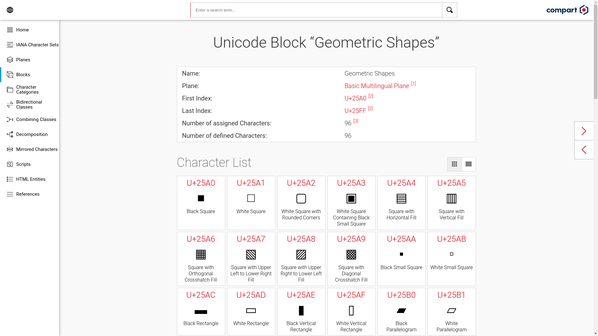 website screenshot of https://www.compart.com/en/unicode/block/U+25A0