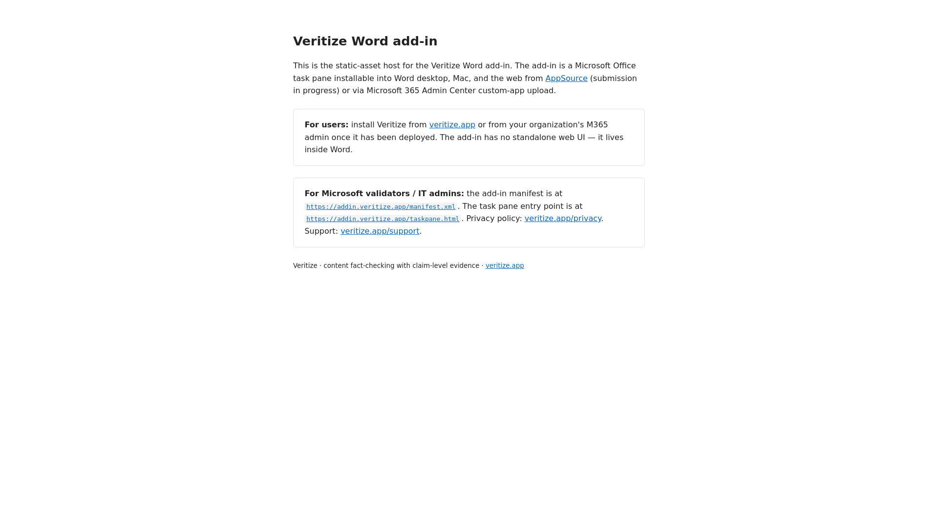website screenshot of https://veritize-word-addin.pages.dev/