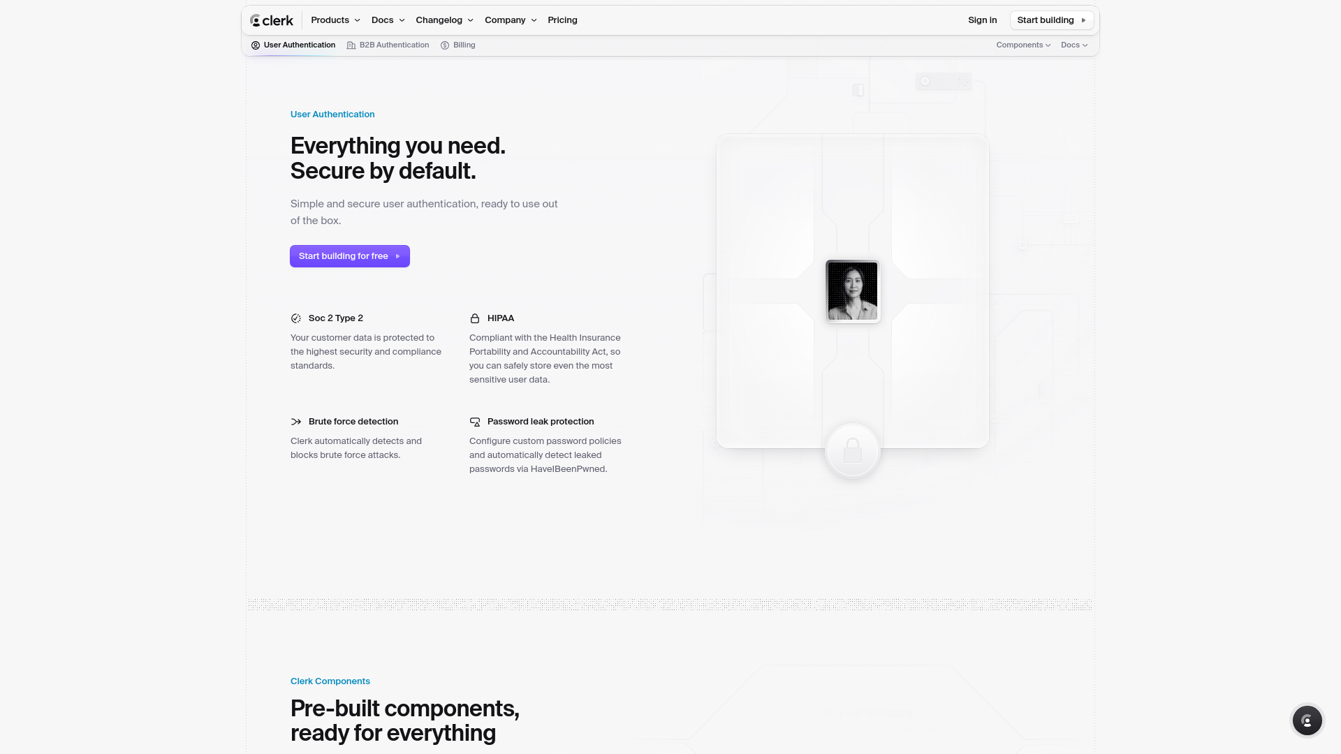 website screenshot of https://clerk.com/user-authentication?utm_source=google&utm_medium=cpc&utm_campaign=SC_Google_Search_Brand_US&utm_adgroup=Brand&utm_term=clerk&gad_source=1&gad_campaignid=23228885679&gbraid=0AAAAAqJUiX4tTnZ1Xwd_TfORfK-hiYtqU&gclid=CjwKCAjwspPOBhB9EiwATFbi5F55cvvKceZuJvtJdcqTZL7pTdmuqpdV2-DZE-CQ9vo3Sr1HQWmjSRoCRoIQAvD_BwE