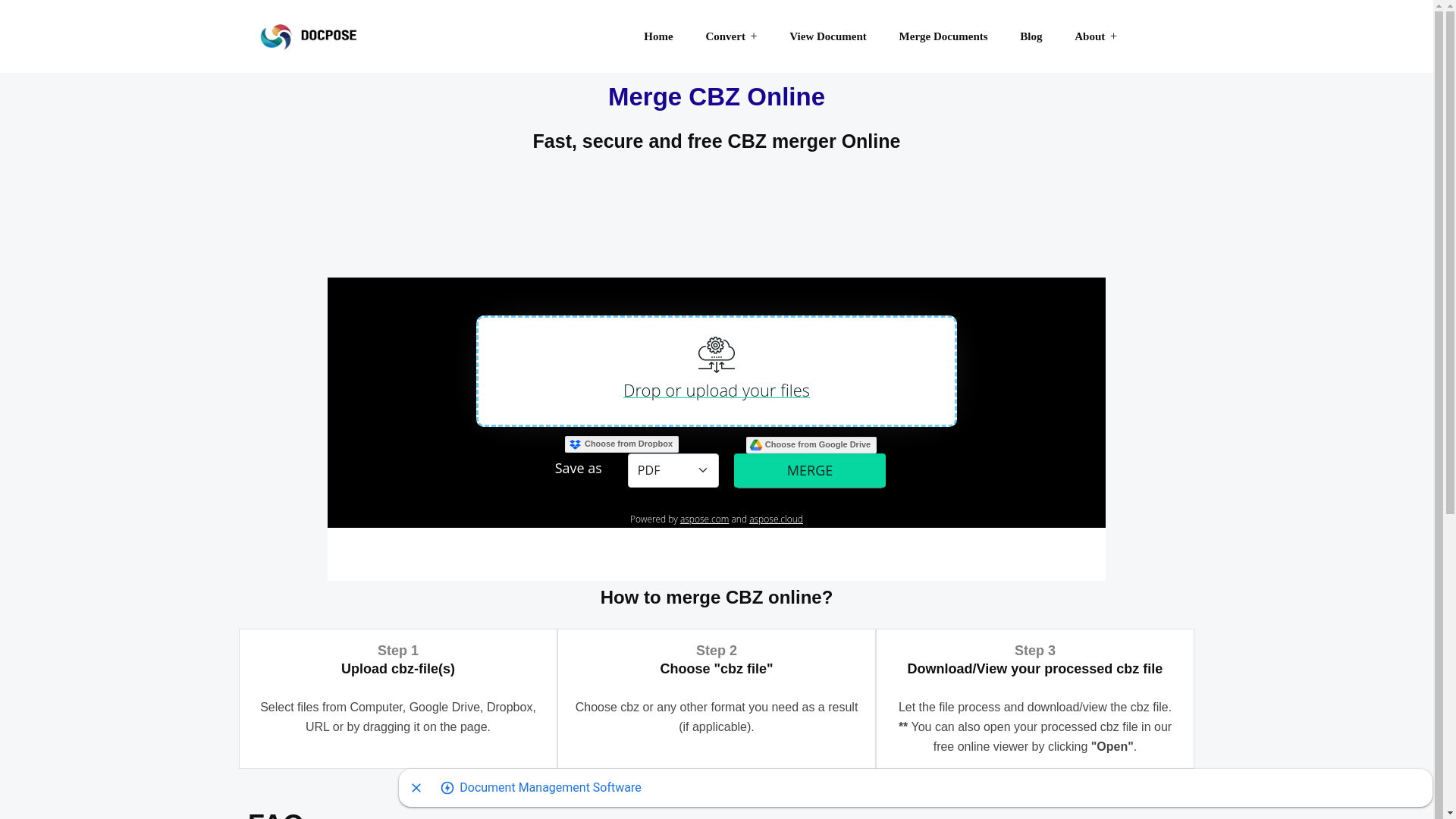 website screenshot of https://docpose.com/tools/merger/cbz