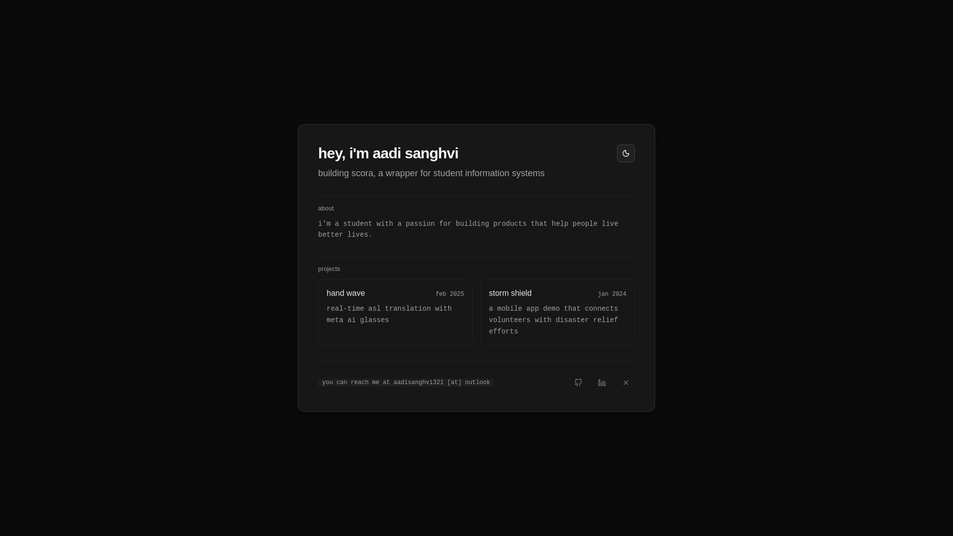 website screenshot of https://aadisanghvi.com/
