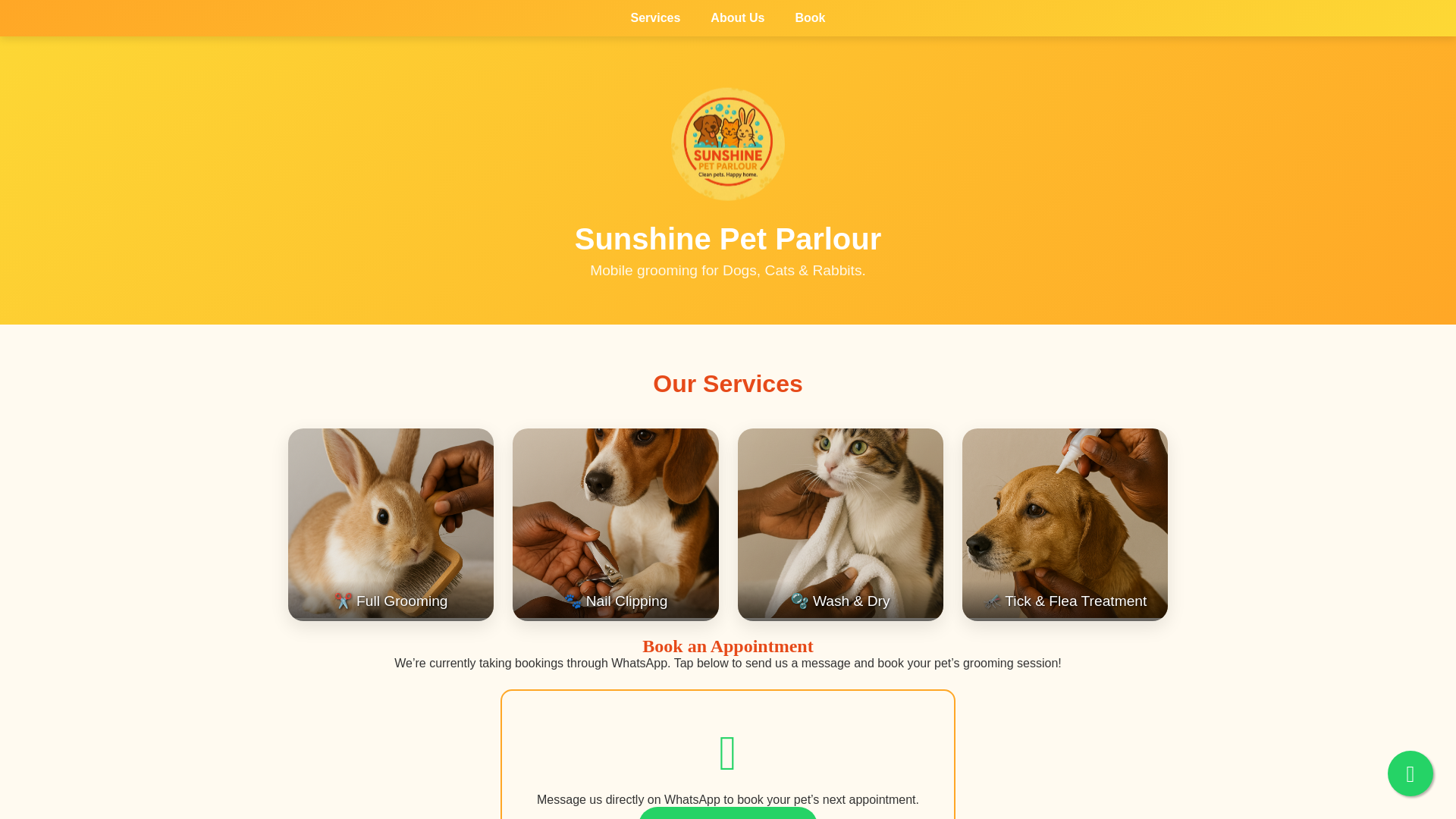 website screenshot of https://sunshinepetparlour.co.za