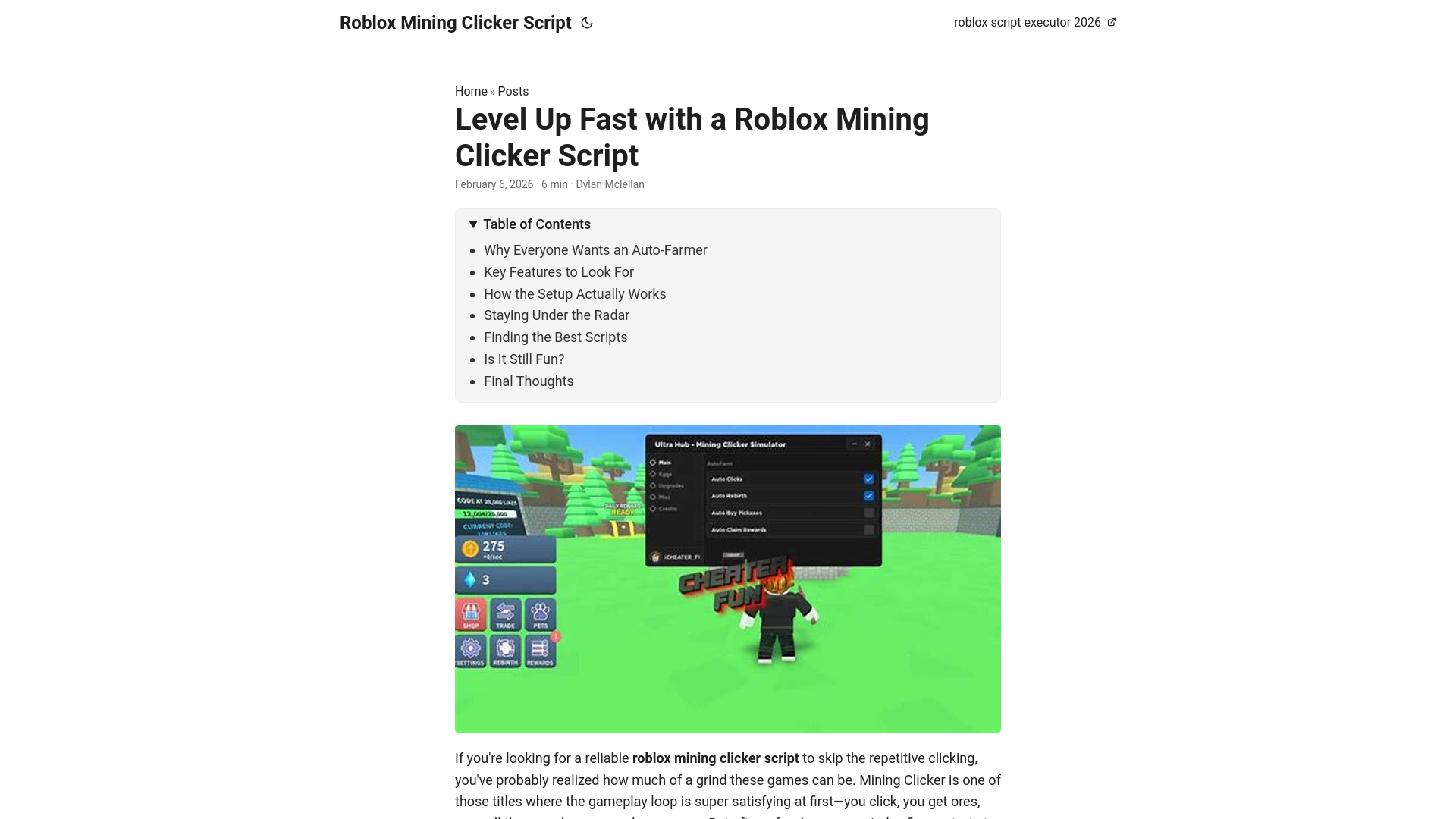 website screenshot of https://roblox-mining-clicker-script.pages.dev/