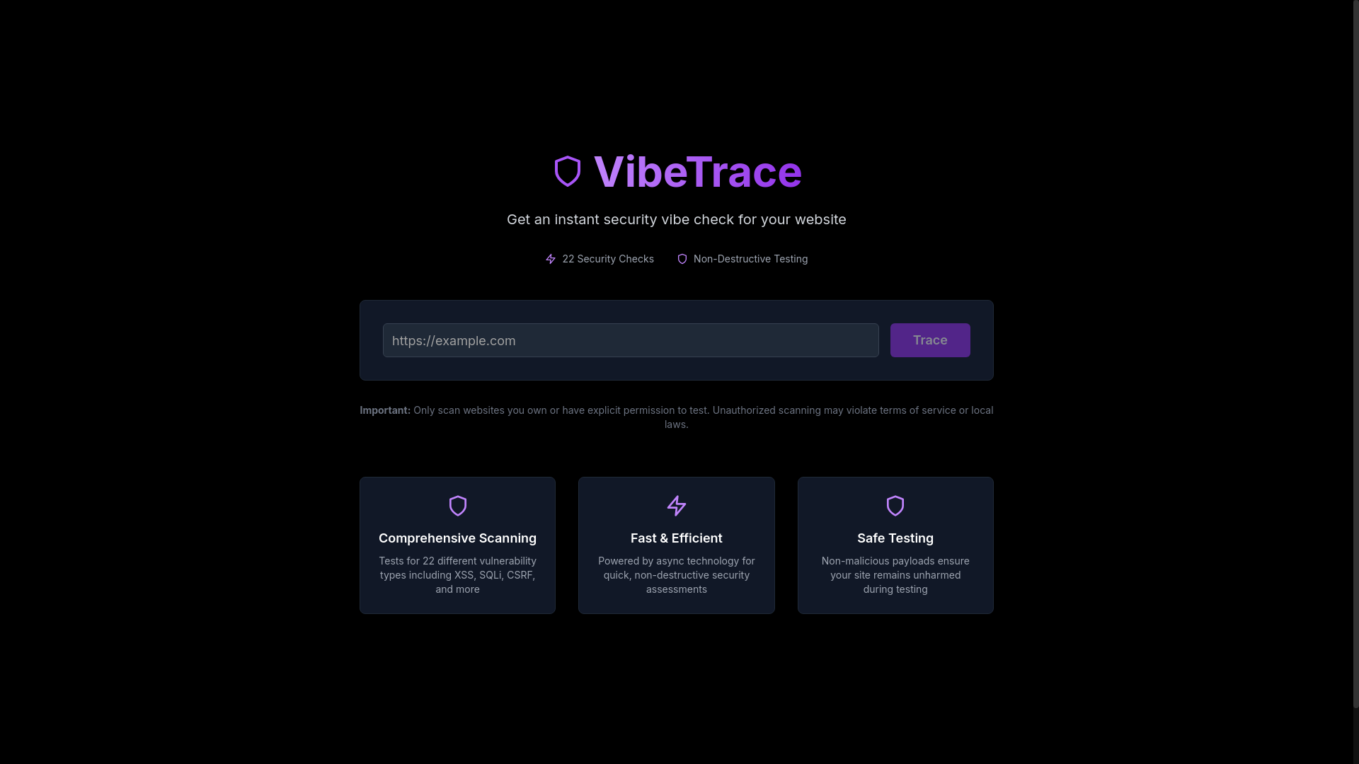 website screenshot of https://vibetrace.ai/