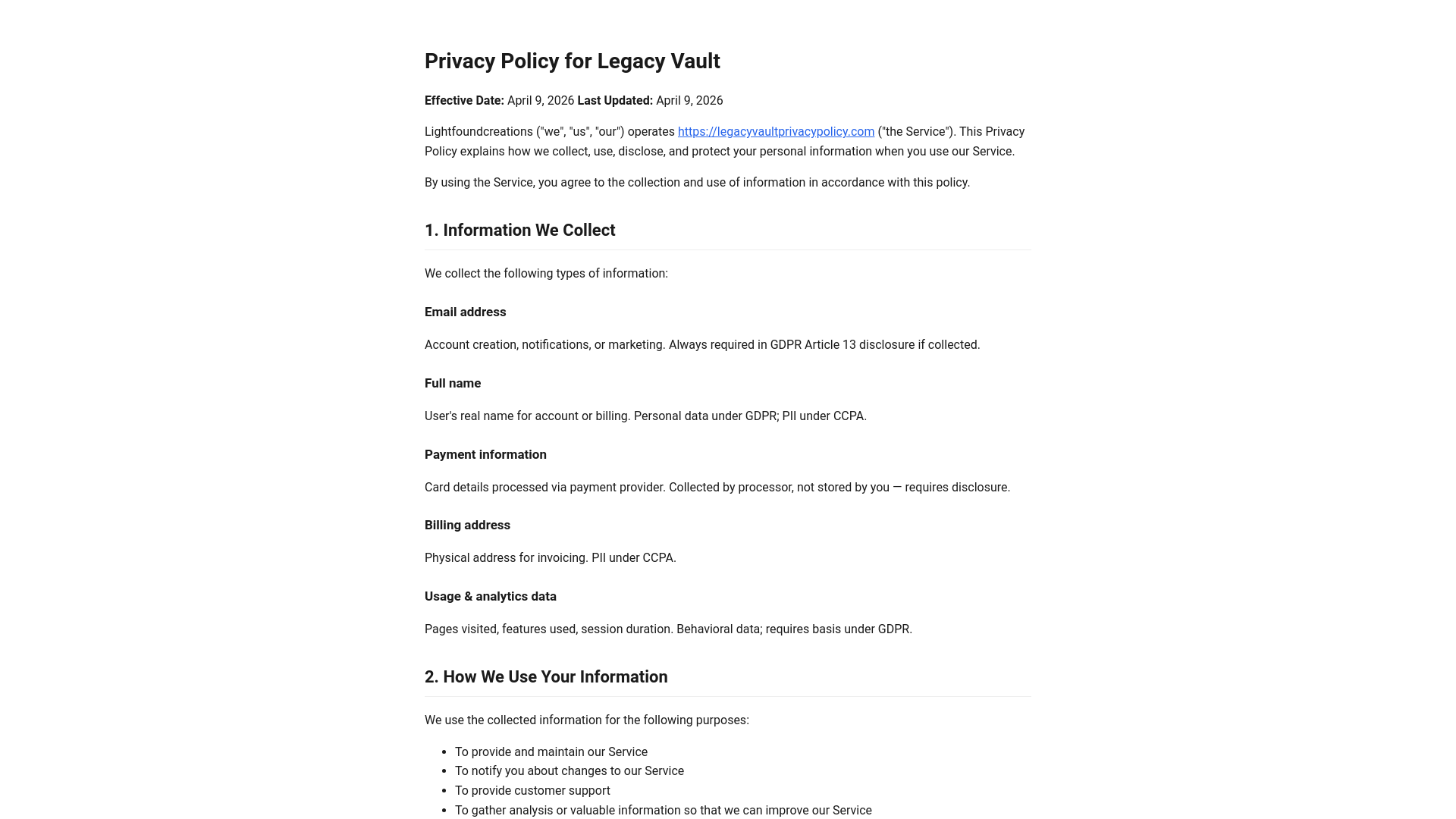 website screenshot of https://legacyvaultprivacypolicy.com/