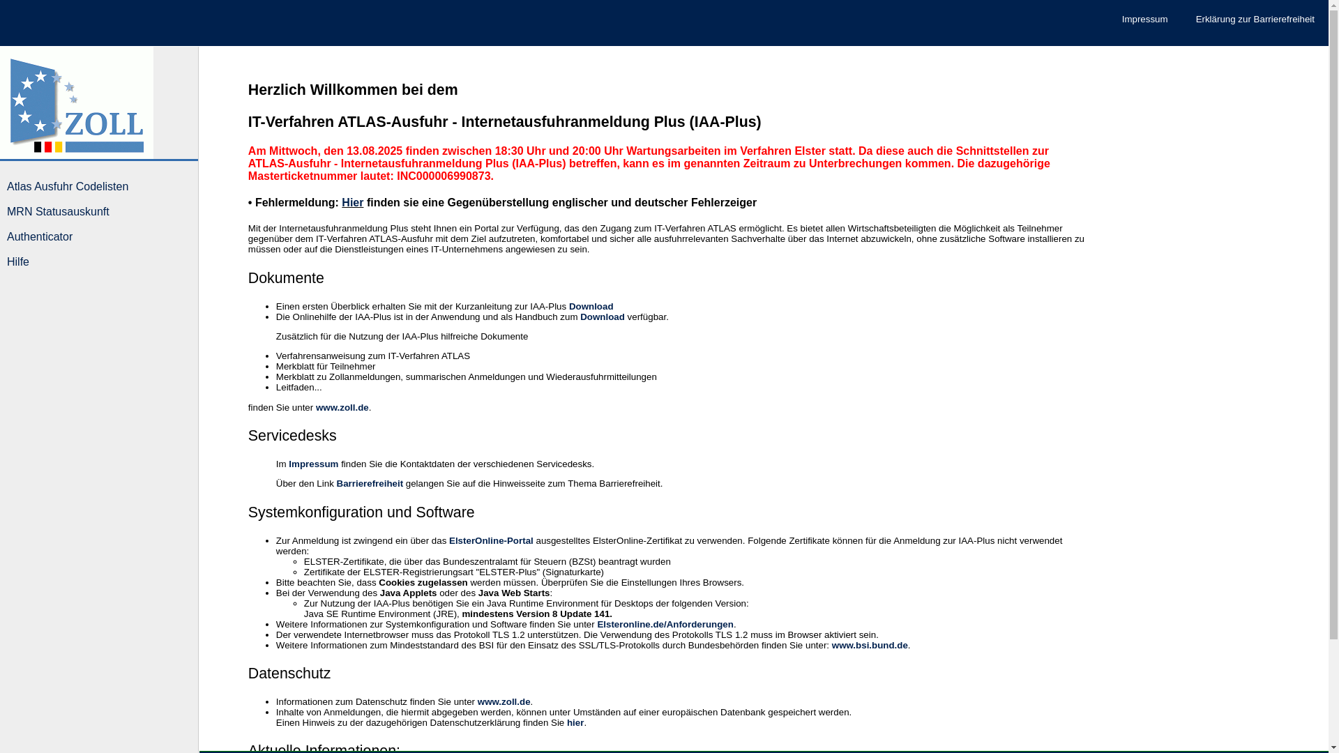 website screenshot of https://www.ausfuhrplus.internetzollanmeldung.de/