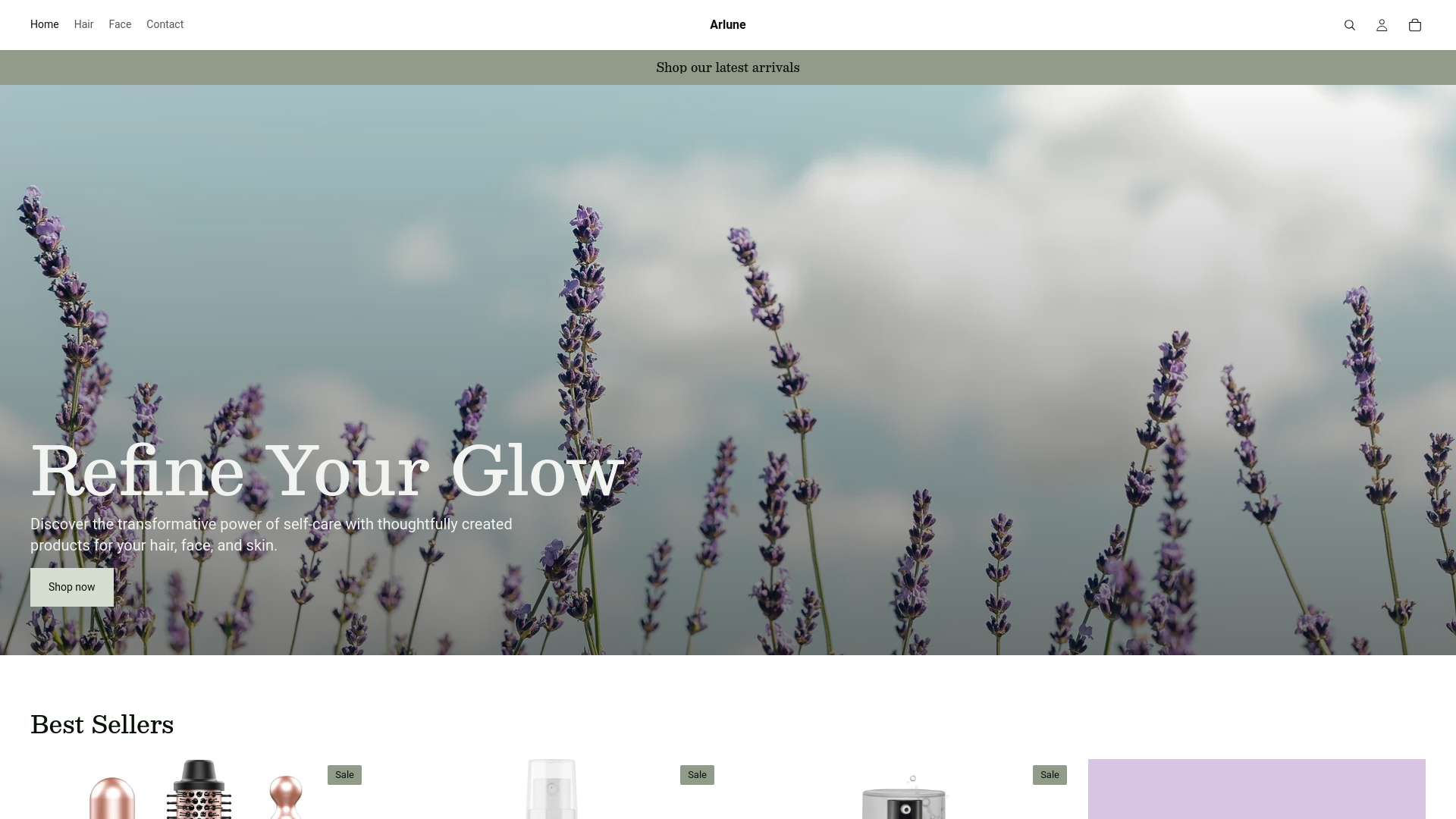 website screenshot of https://arlunebeauty.com/