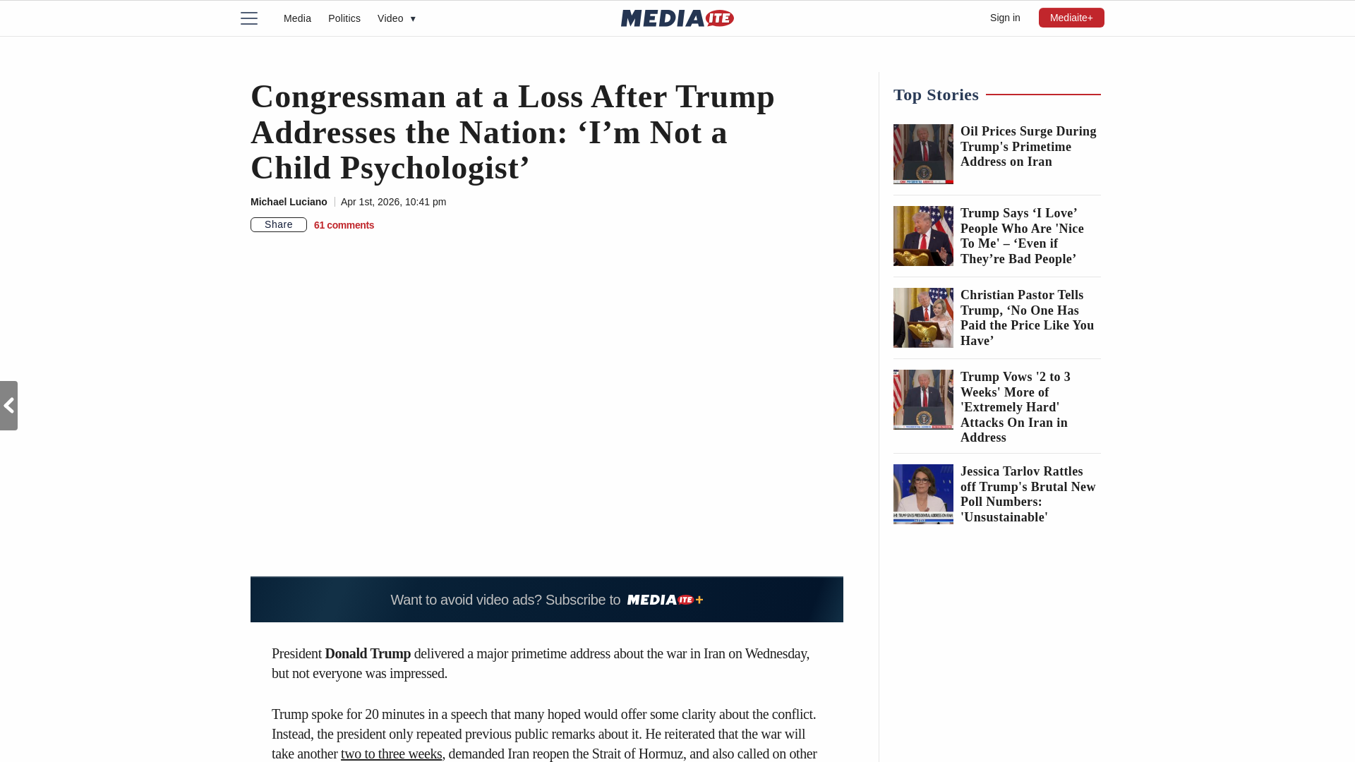 website screenshot of https://www.mediaite.com/media/tv/congressman-at-a-loss-after-trump-addresses-the-nation-im-not-a-child-psychologist/
