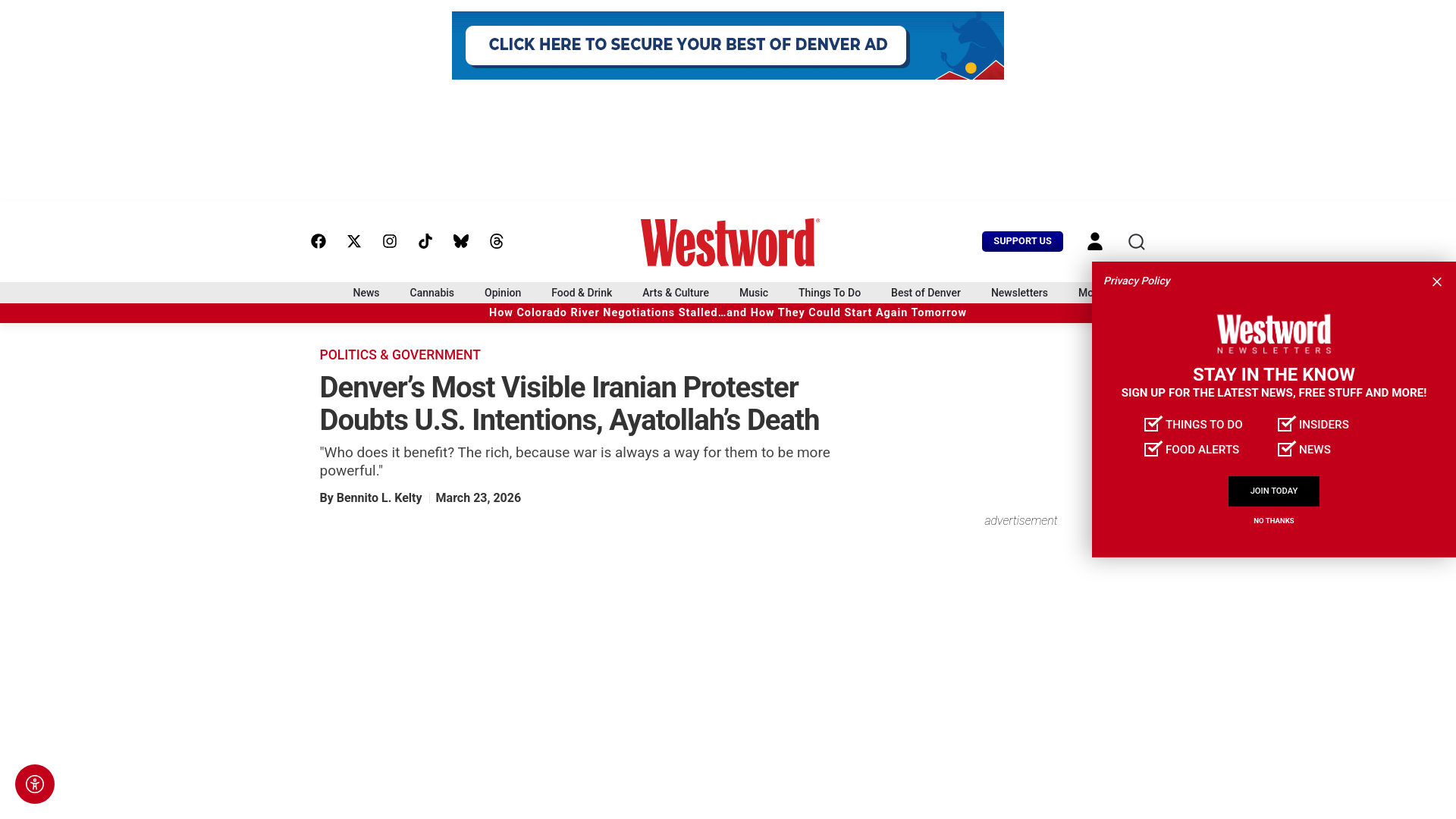 website screenshot of https://www.westword.com/news/denver-iranian-protester-doubts-us-war-ayatollah-death-40859011/