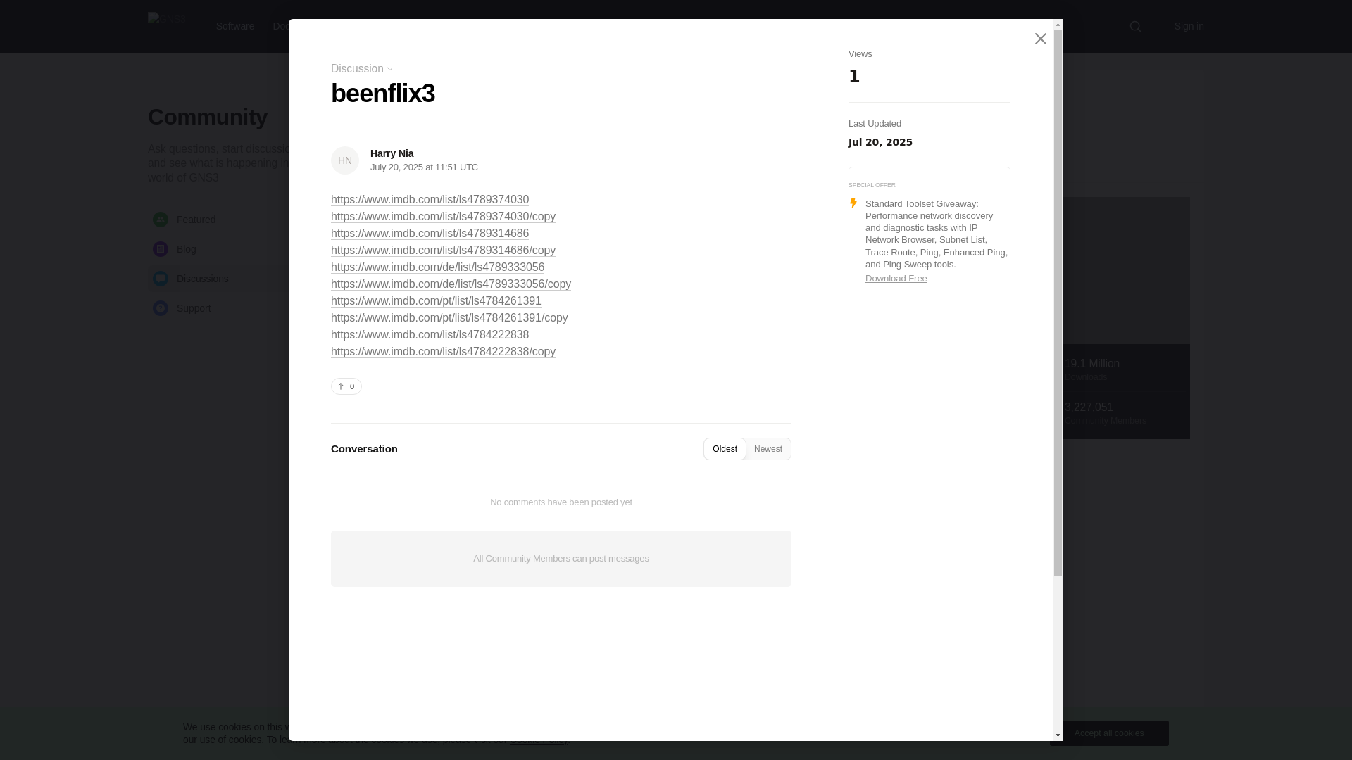 website screenshot of https://gns3.com/community/discussions/beenflix3