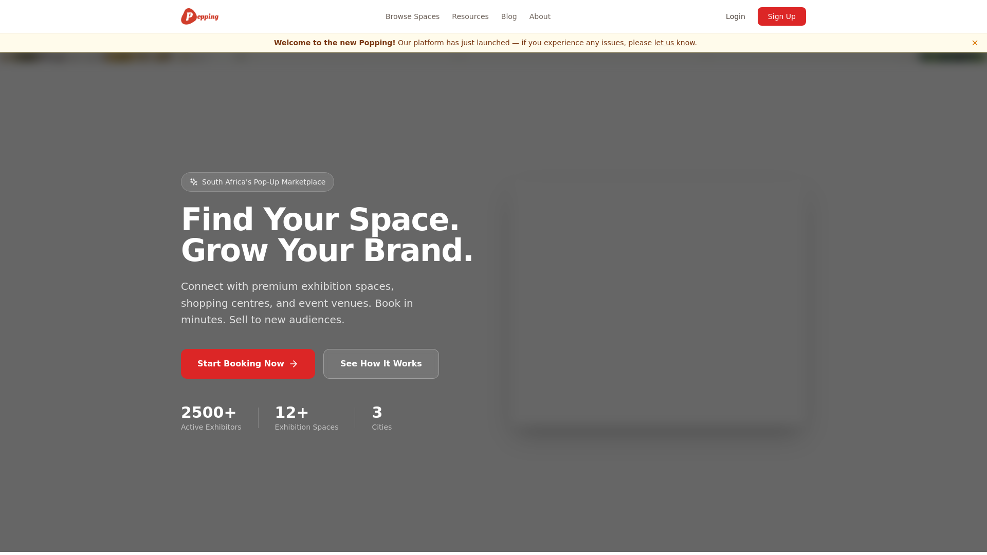 website screenshot of https://popupspaces.co.za