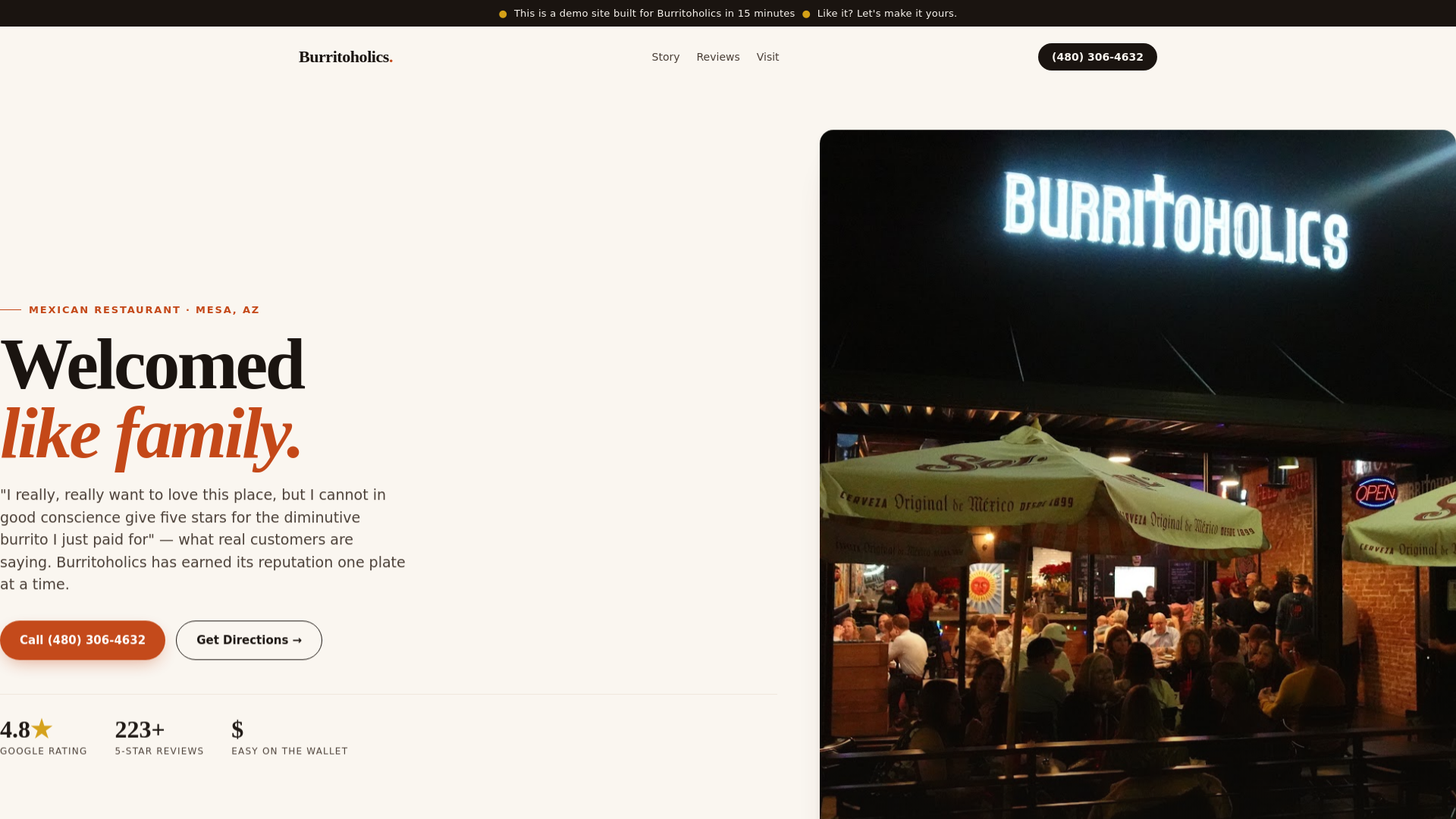 website screenshot of https://burritoholics-demo.pages.dev/