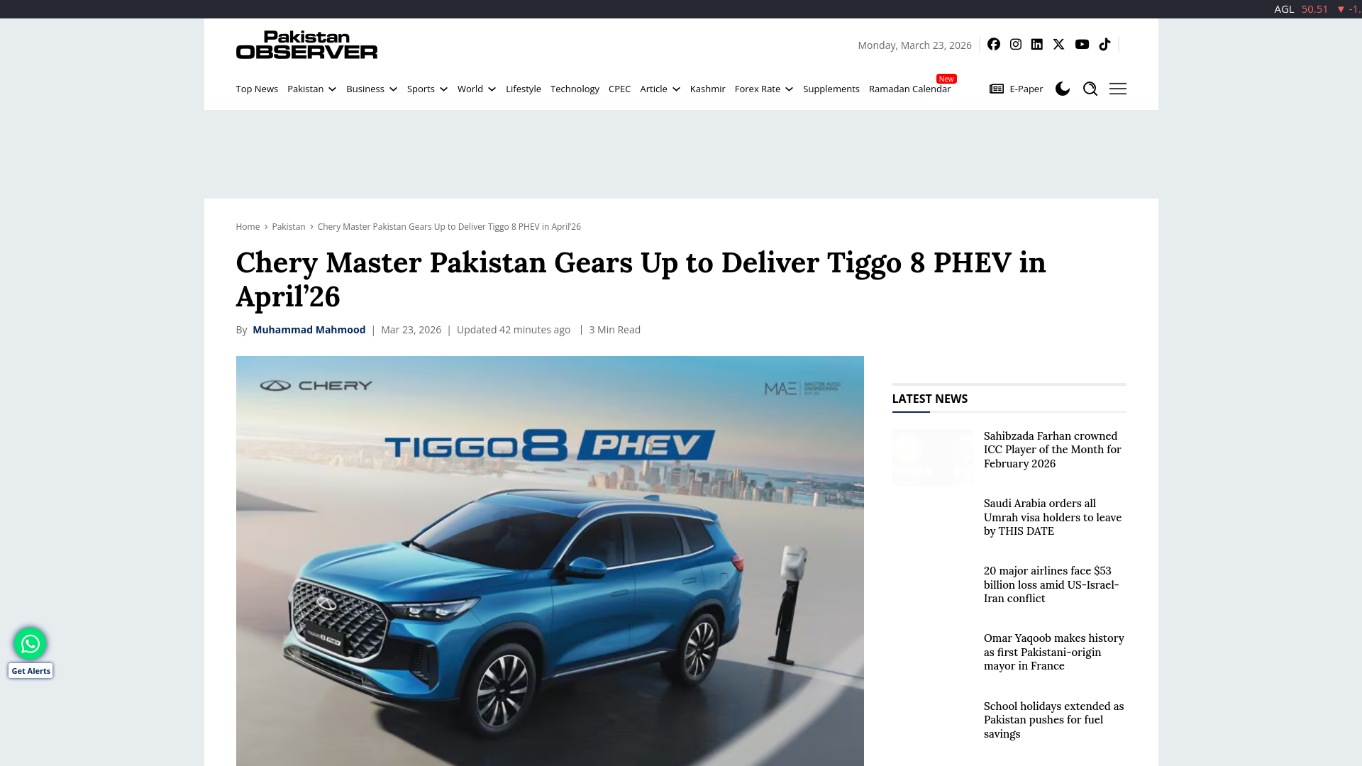 website screenshot of https://pakobserver.net/chery-master-pakistan-gears-up-to-deliver-tiggo-8-phev-in-april26/