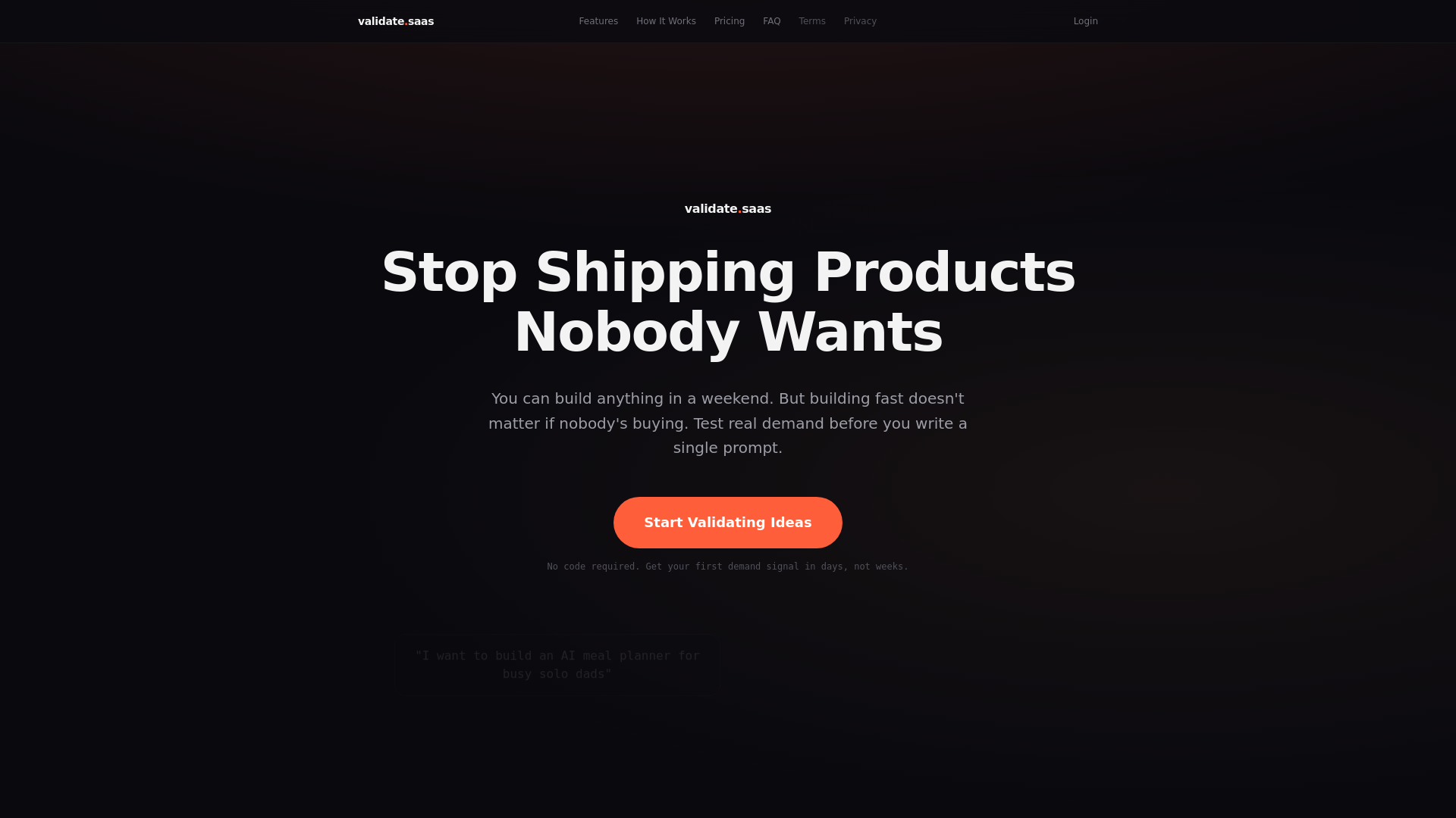 website screenshot of https://validatesaas.io