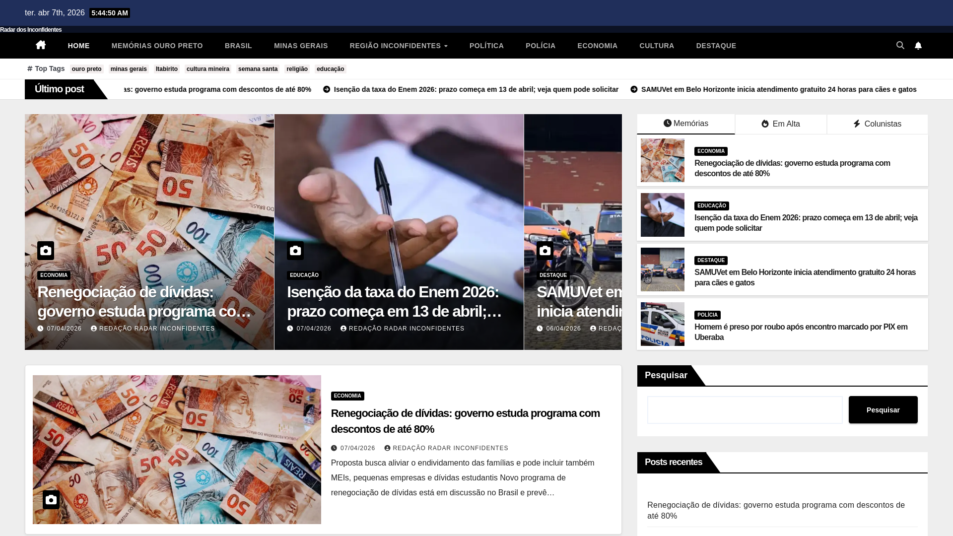 website screenshot of https://radarinconfidentes.com.br