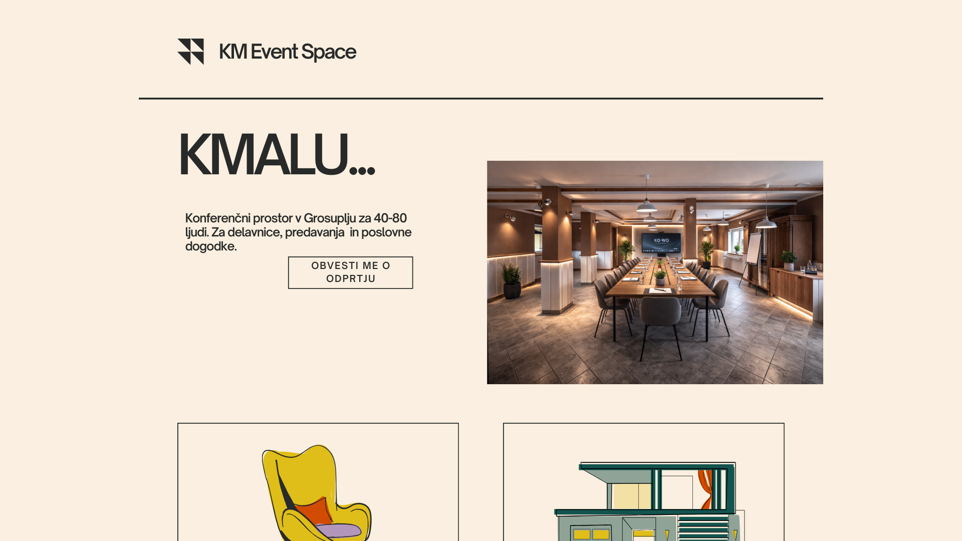 website screenshot of https://kmeventspacegros.com/
