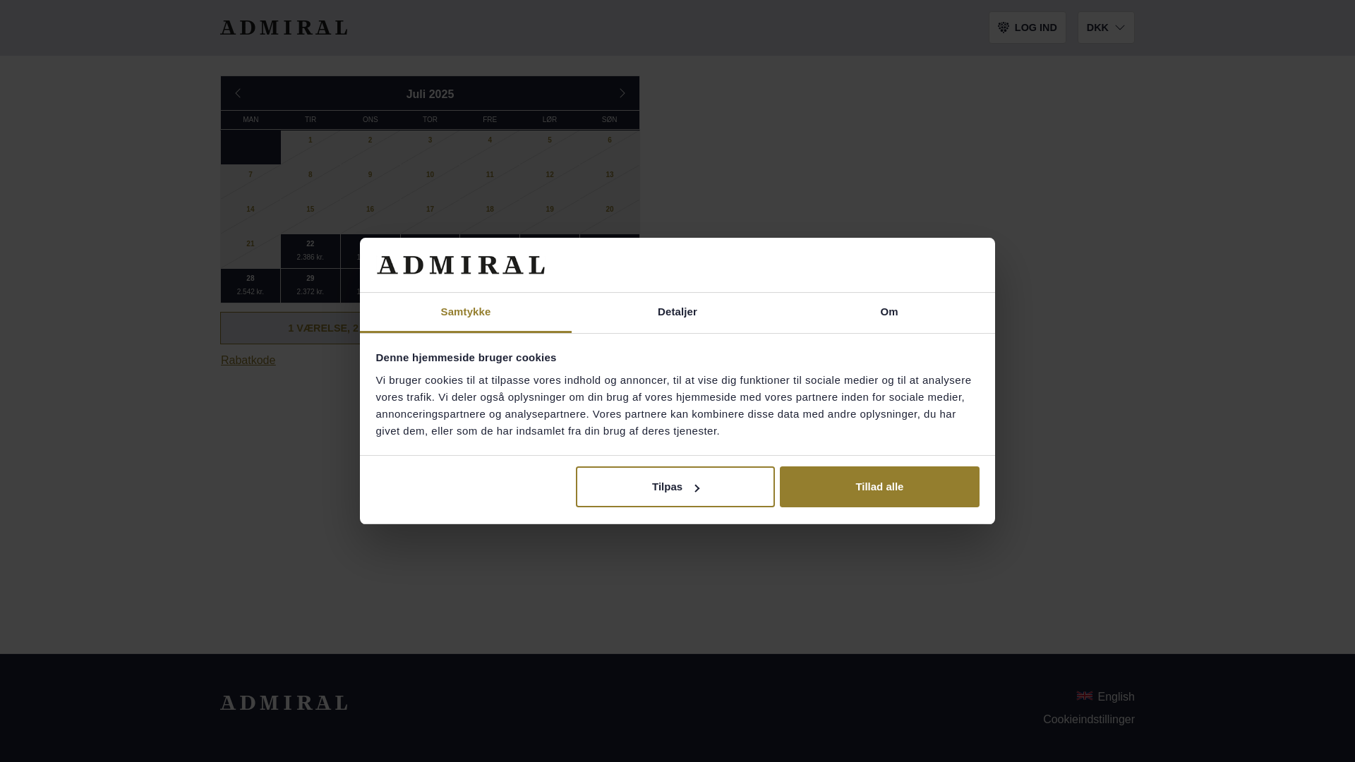 website screenshot of https://booking.admiralhotel.dk/