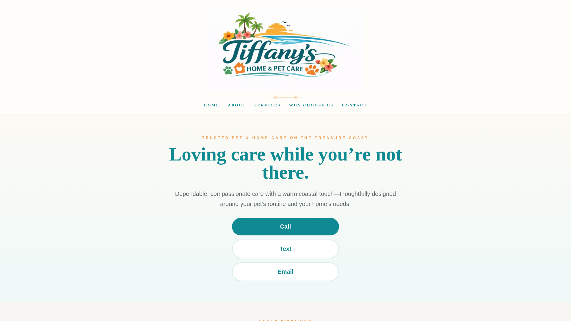 website screenshot of https://tiffanyshomepetcare.com/