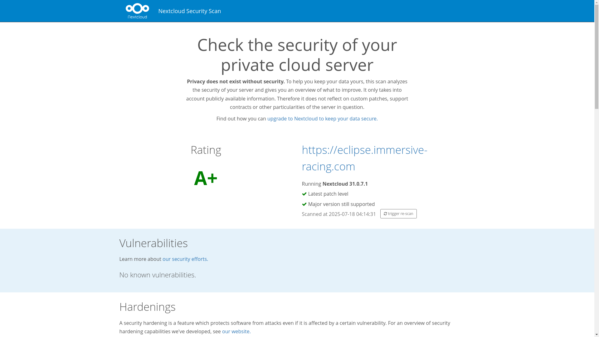 website screenshot of https://scan.nextcloud.com/results/4aa9feb5-02c0-4223-93ae-c380a816407f