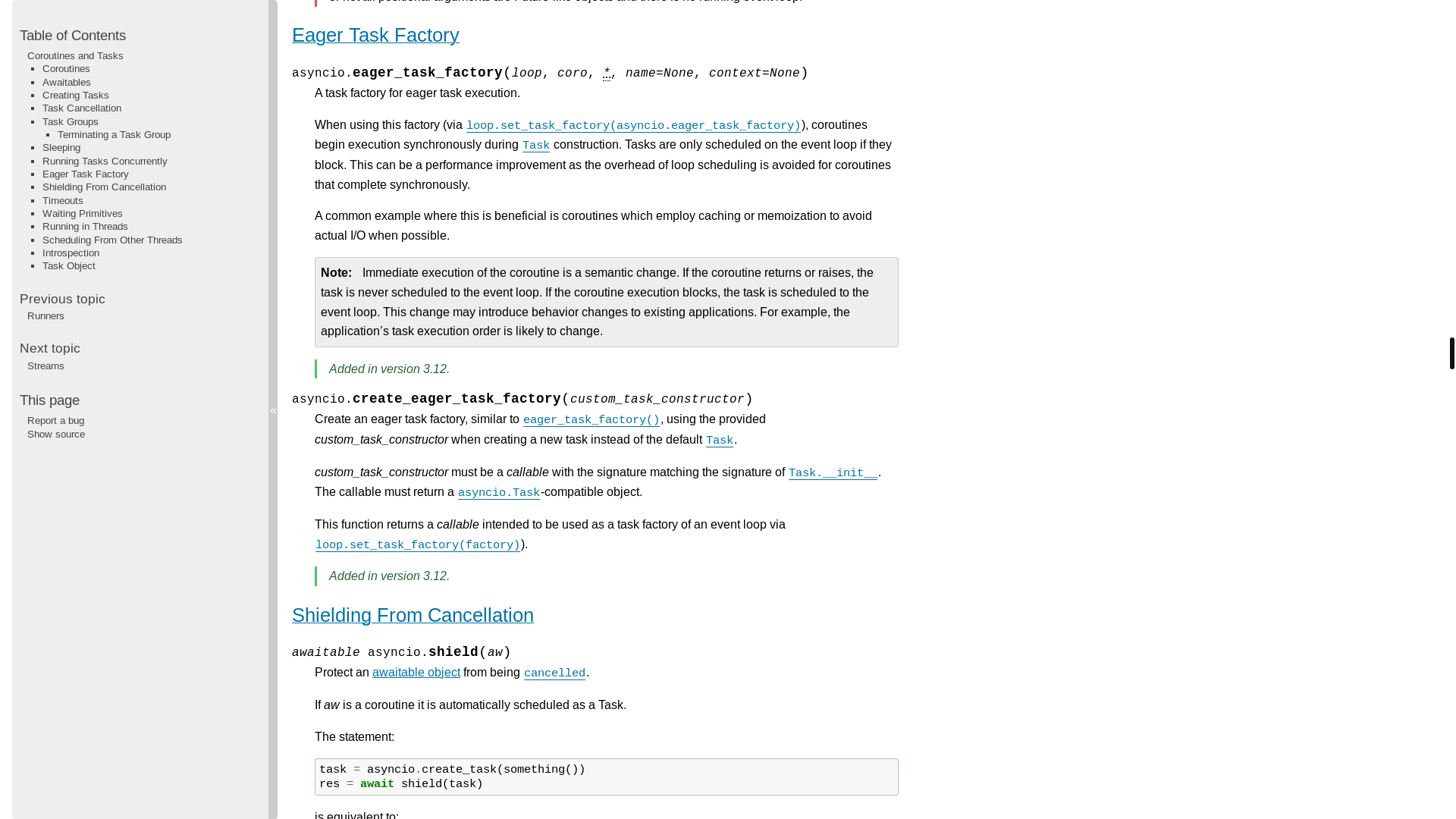 website screenshot of https://docs.python.org/3/library/asyncio-task.html#timeouts