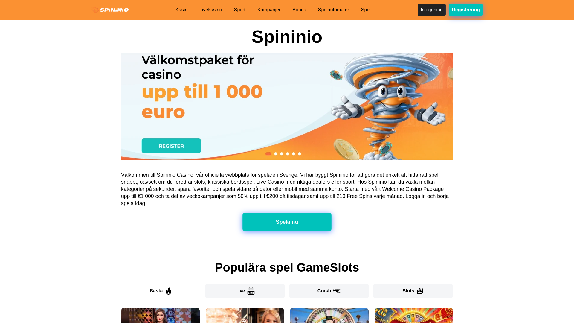 website screenshot of https://spininiocasino.se/