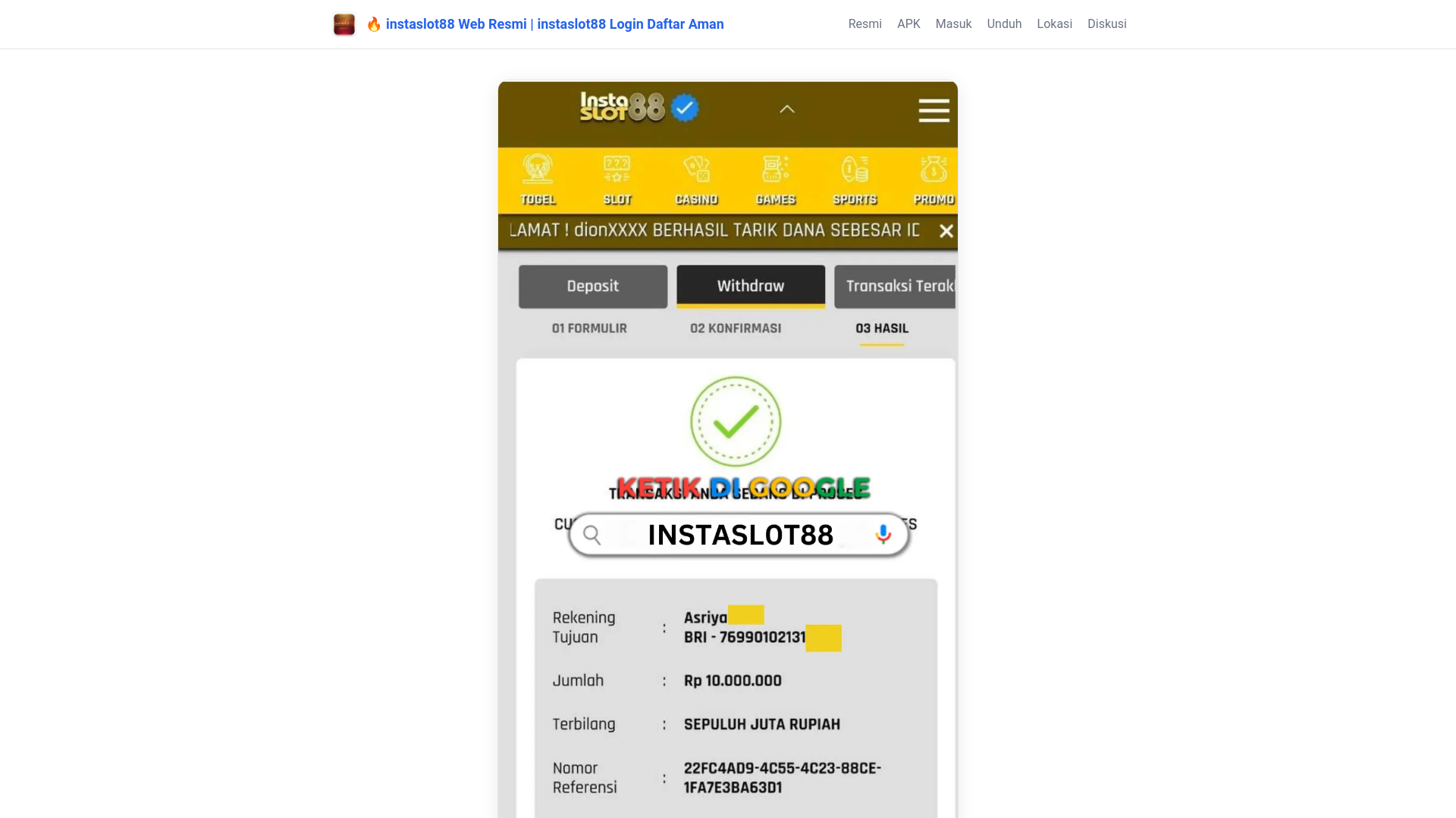 website screenshot of https://instaslot88game.com/