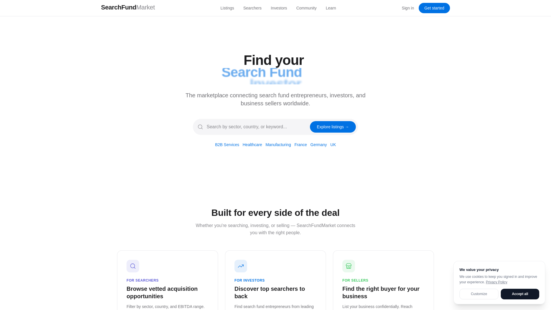 website screenshot of https://searchfundmarket.com