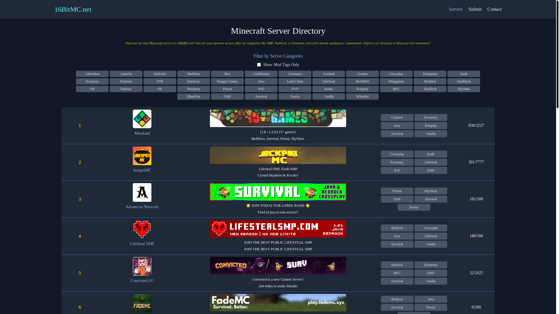 website screenshot of https://16bitmc.net/