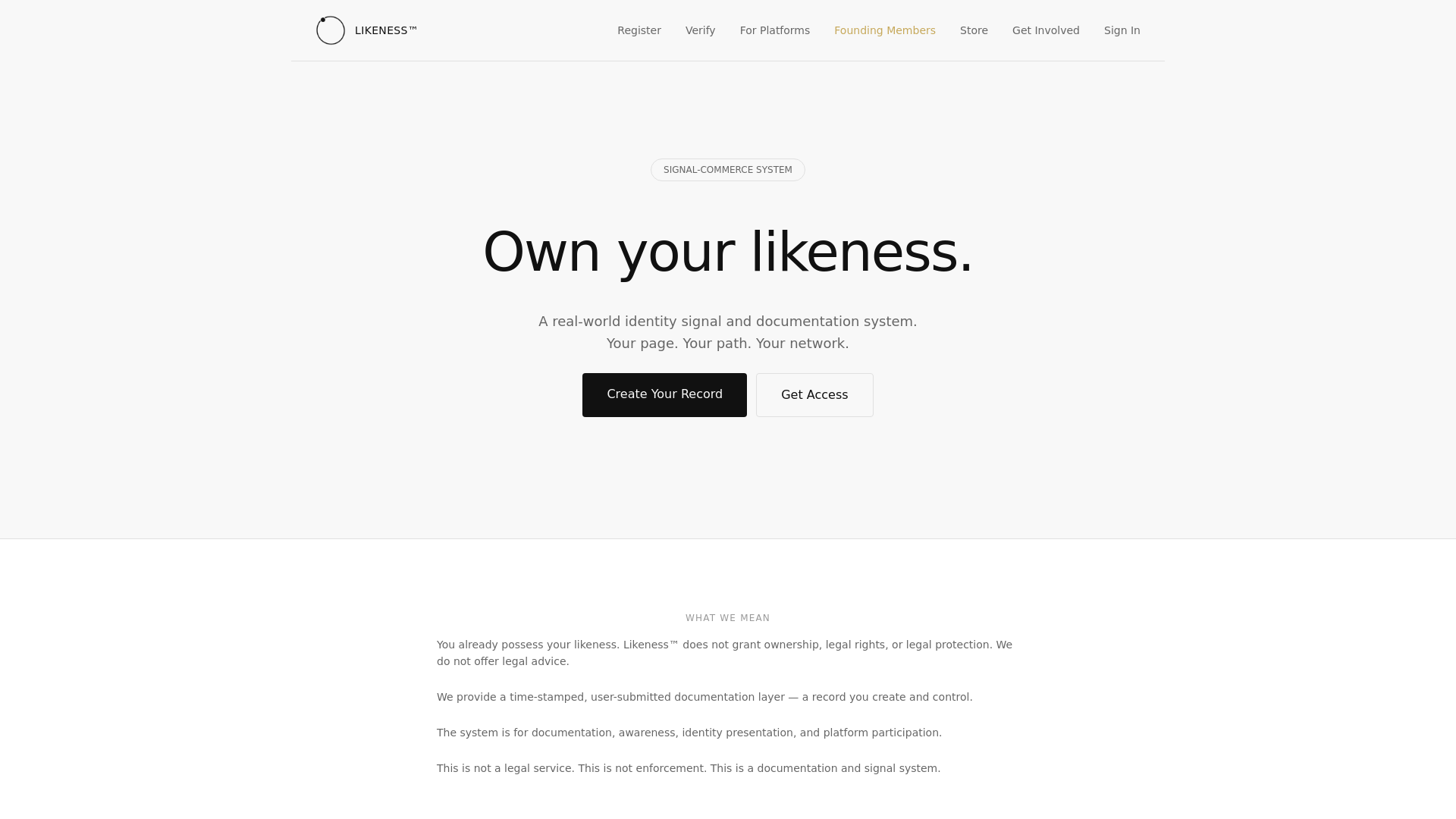 website screenshot of https://likenessverified.com