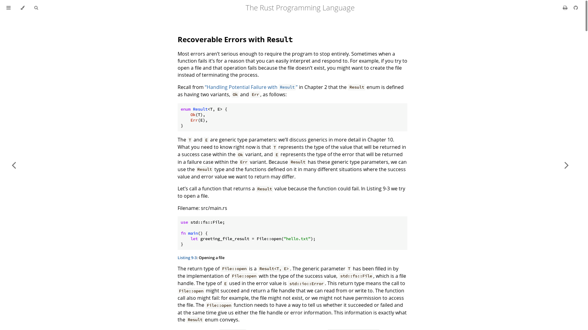 website screenshot of https://doc.rust-lang.org/book/ch09-02-recoverable-errors-with-result.html