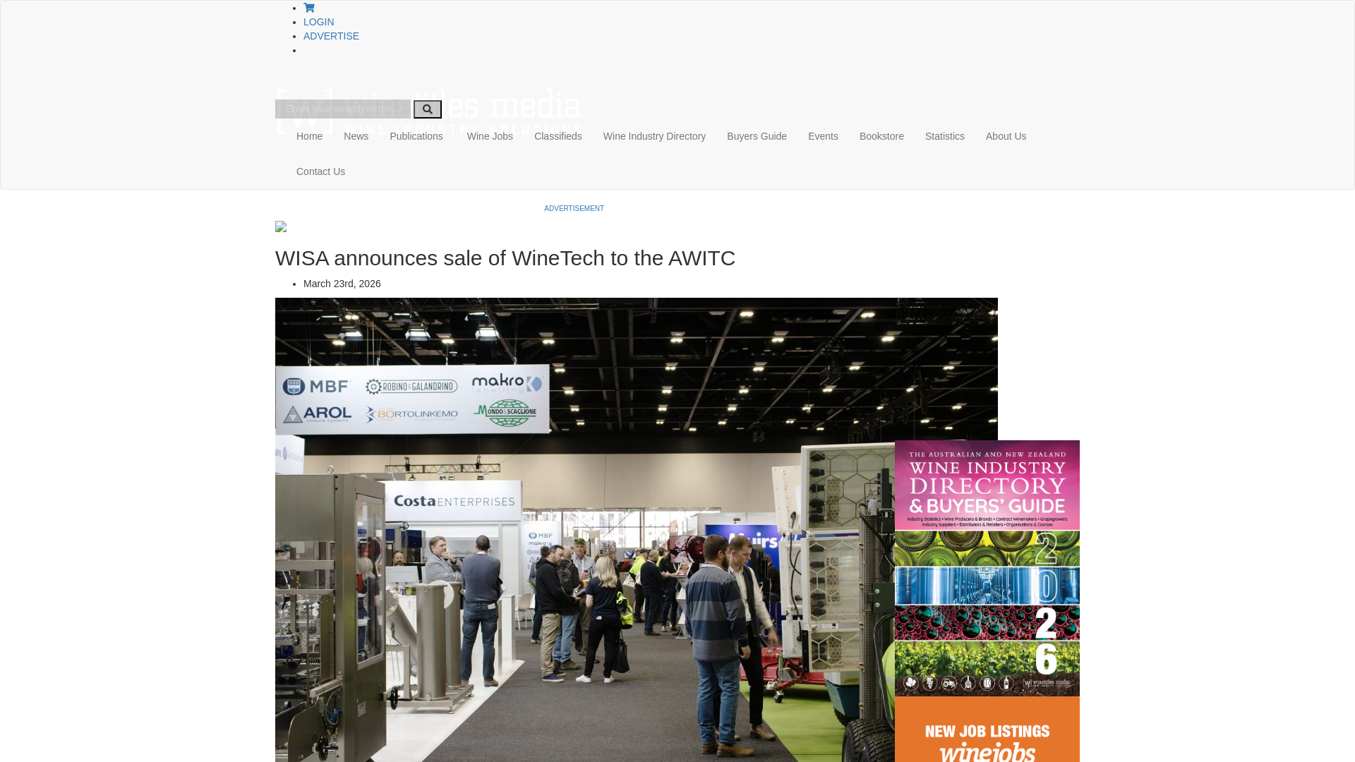 website screenshot of https://winetitles.com.au/wisa-announces-sale-of-winetech-to-the-awitc/