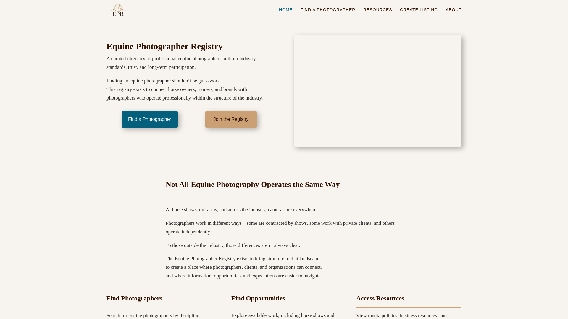 website screenshot of https://equinephotographerregistry.com/