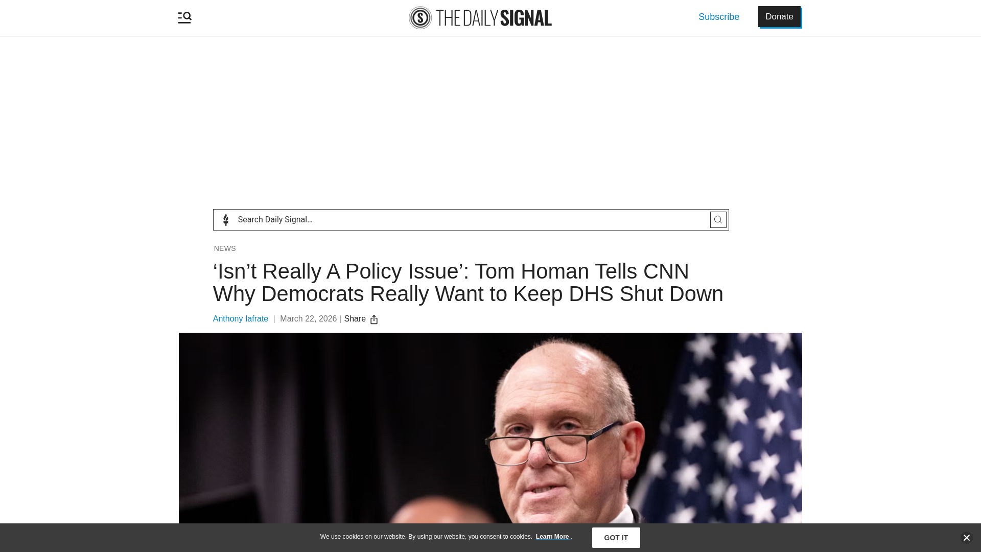 website screenshot of https://www.dailysignal.com/2026/03/22/isnt-really-a-policy-issue-tom-homan-tells-cnn-why-democrats-really-want-to-keep-dhs-shut-down/