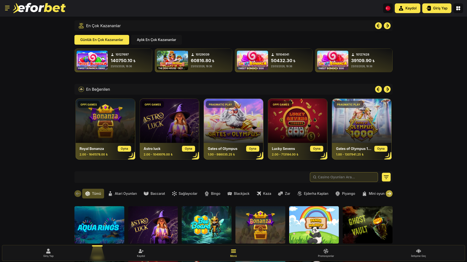 website screenshot of https://eforbet65.com/tr/casino