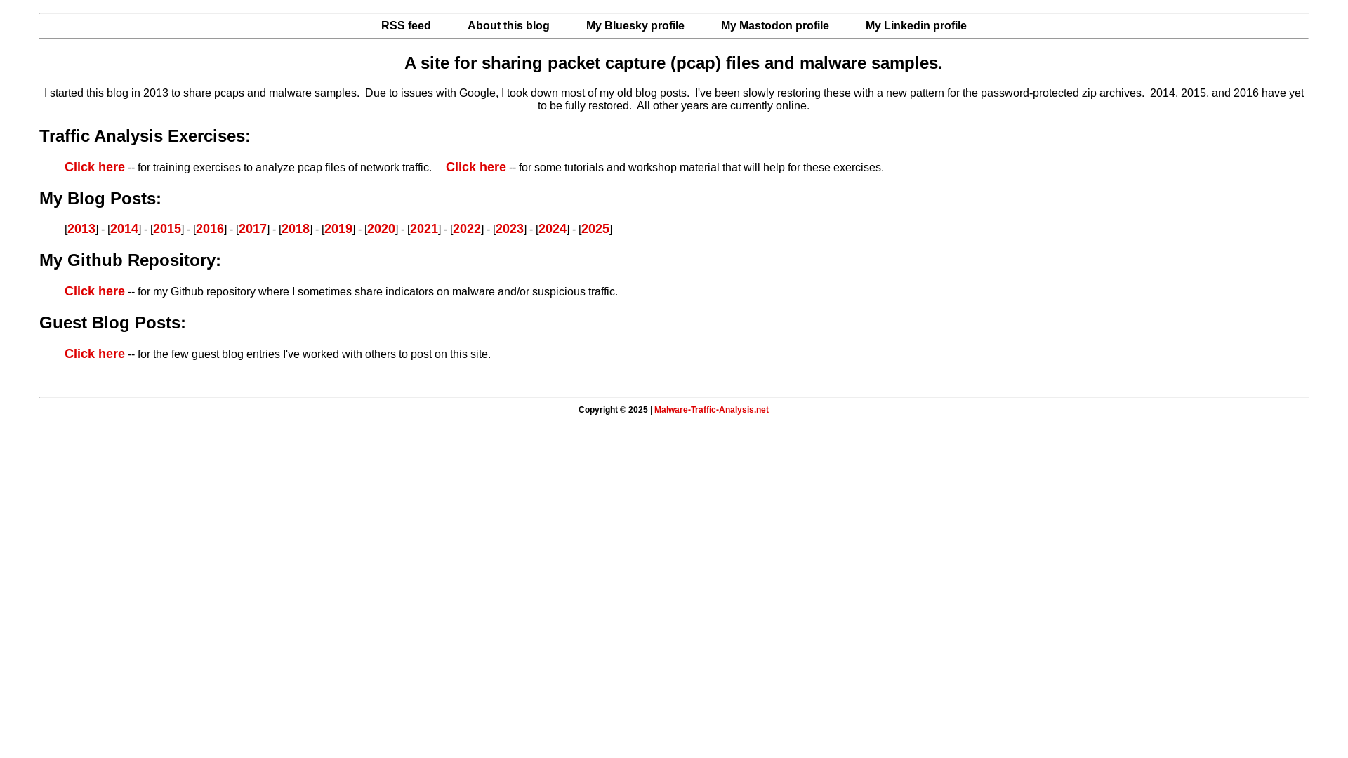 website screenshot of https://www.malware-traffic-analysis.net