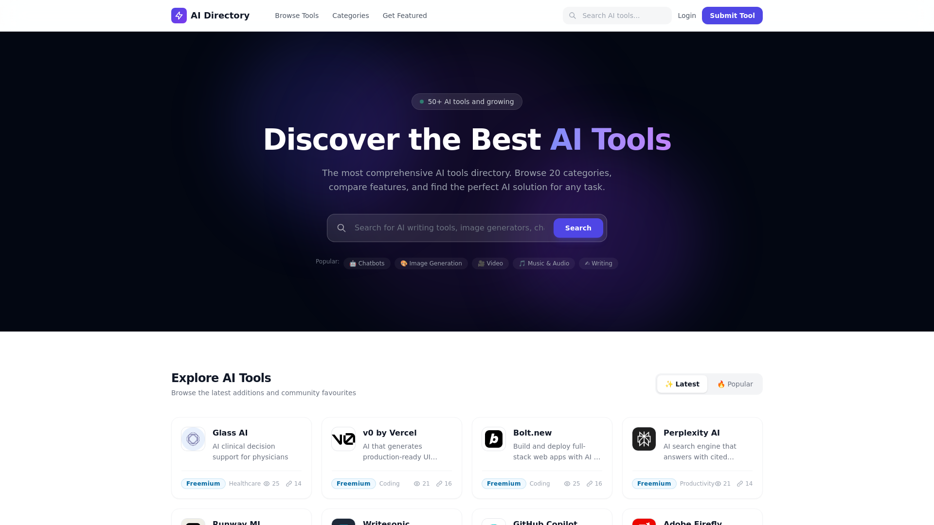 website screenshot of https://aitoolsdirectorypro.com