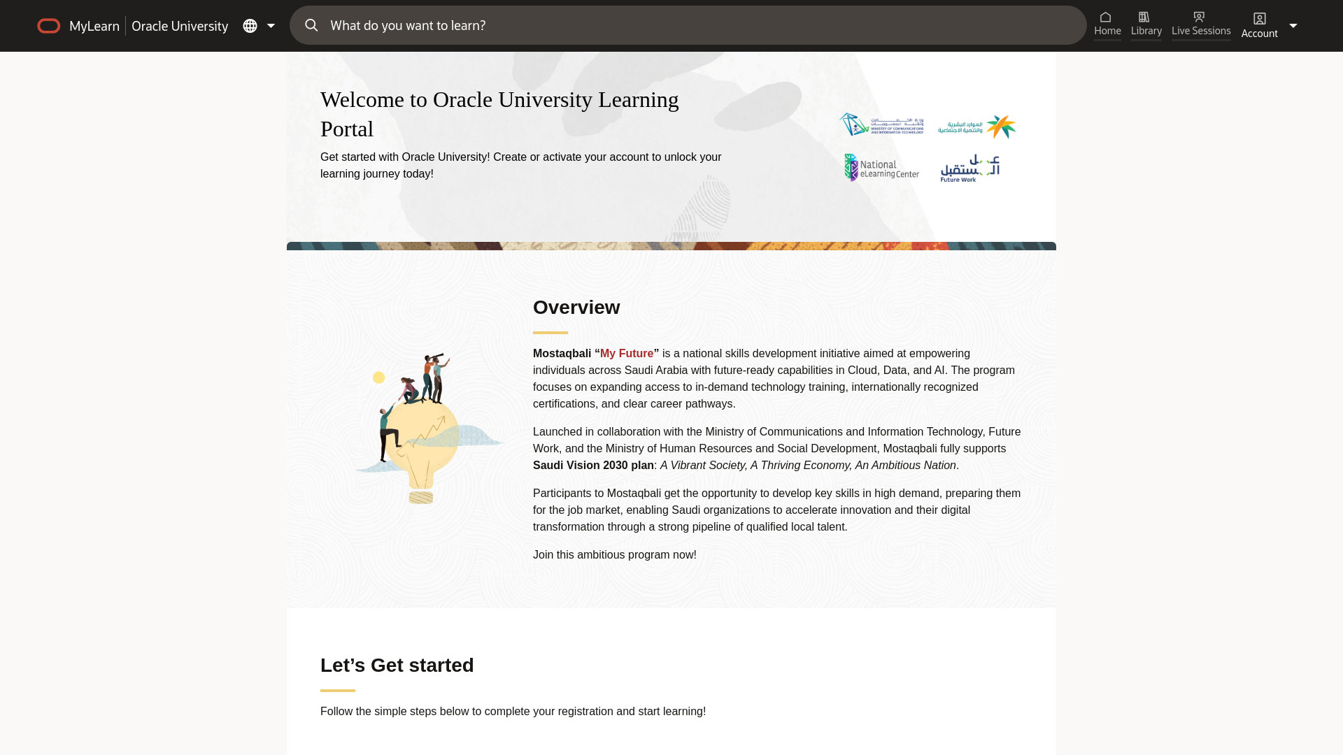 website screenshot of https://mylearn.oracle.com/ou/landing-page/Mostaqbali