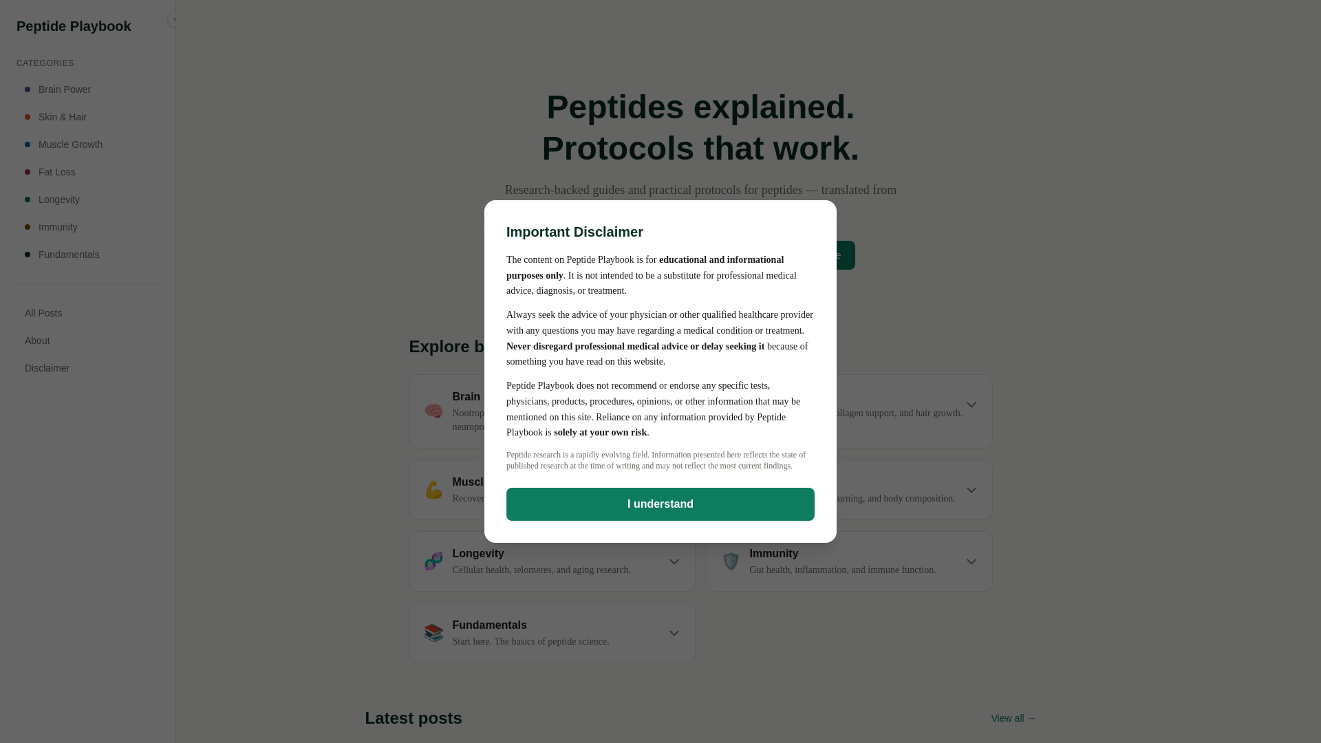 website screenshot of https://peptideplaybook.co/