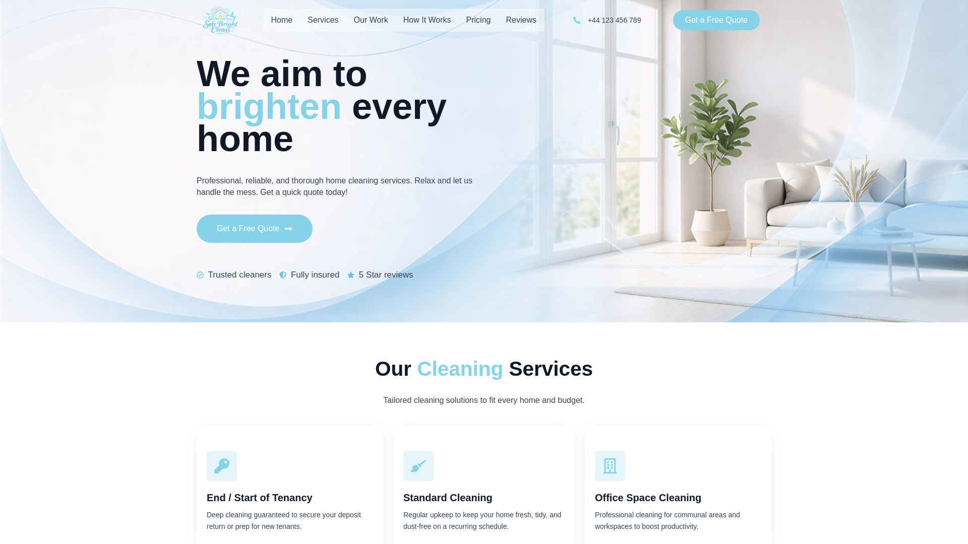 website screenshot of https://safebrightcleans.co.uk/