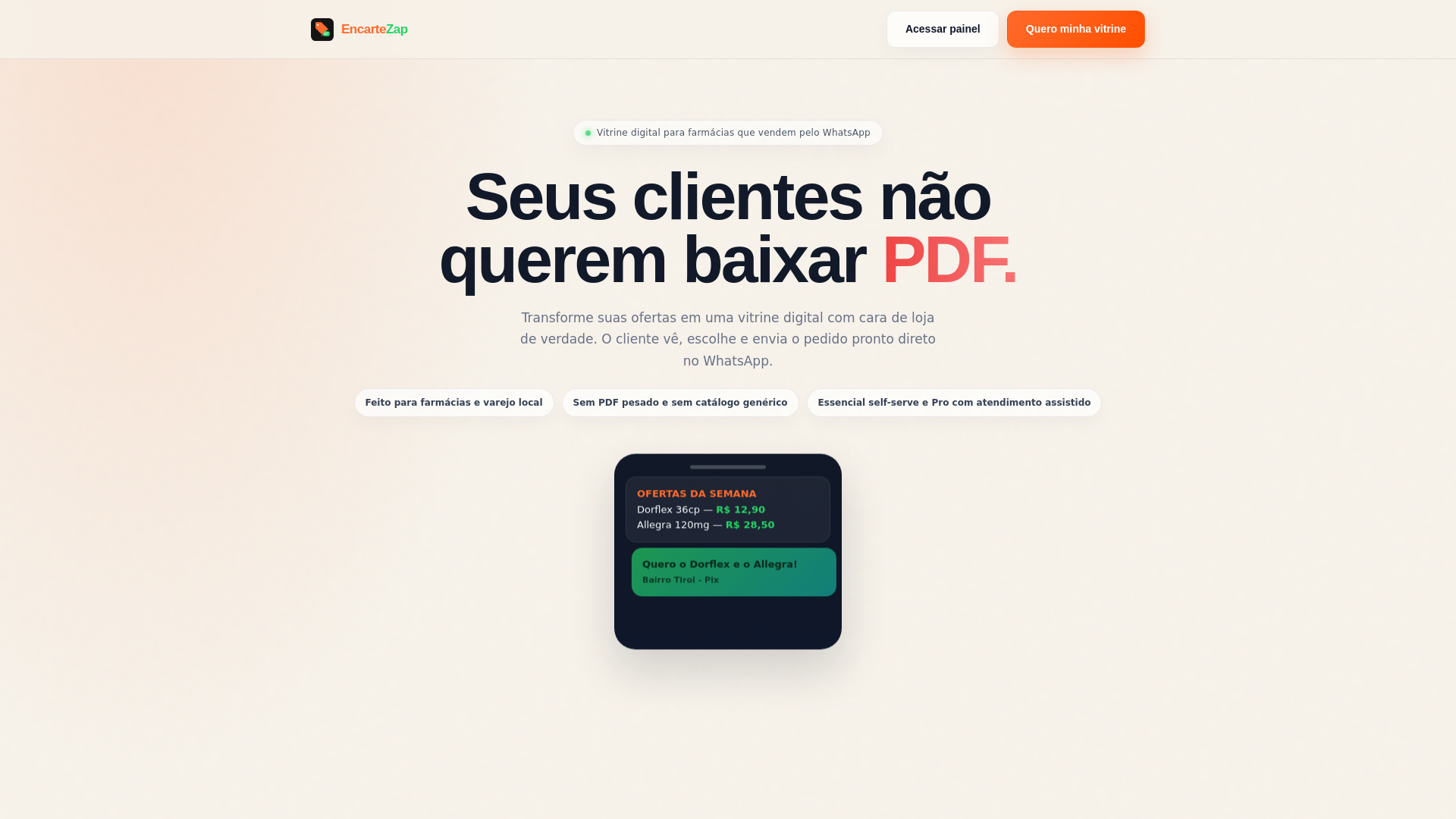 website screenshot of https://encartezap.com.br/