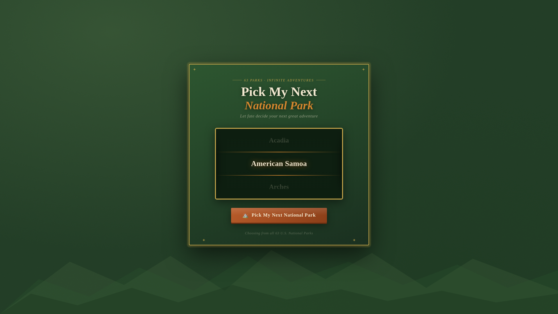 website screenshot of https://pickmynextnationalpark.com