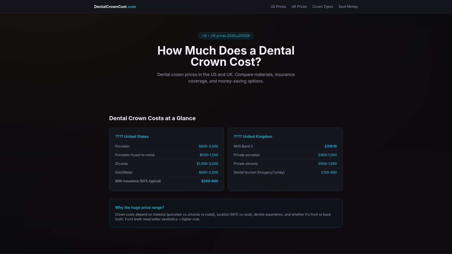 website screenshot of https://dentalcrowncost.pages.dev/