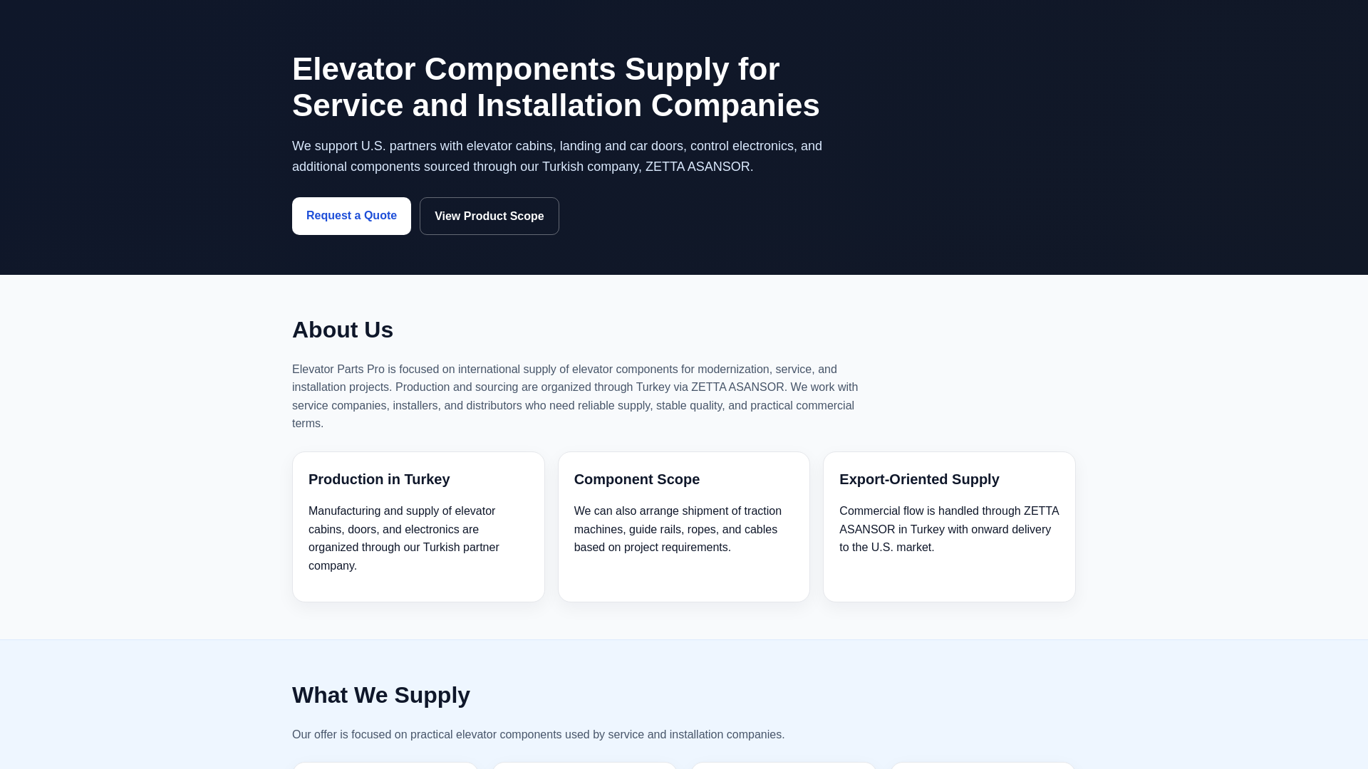 website screenshot of https://elevatorpartspro.com