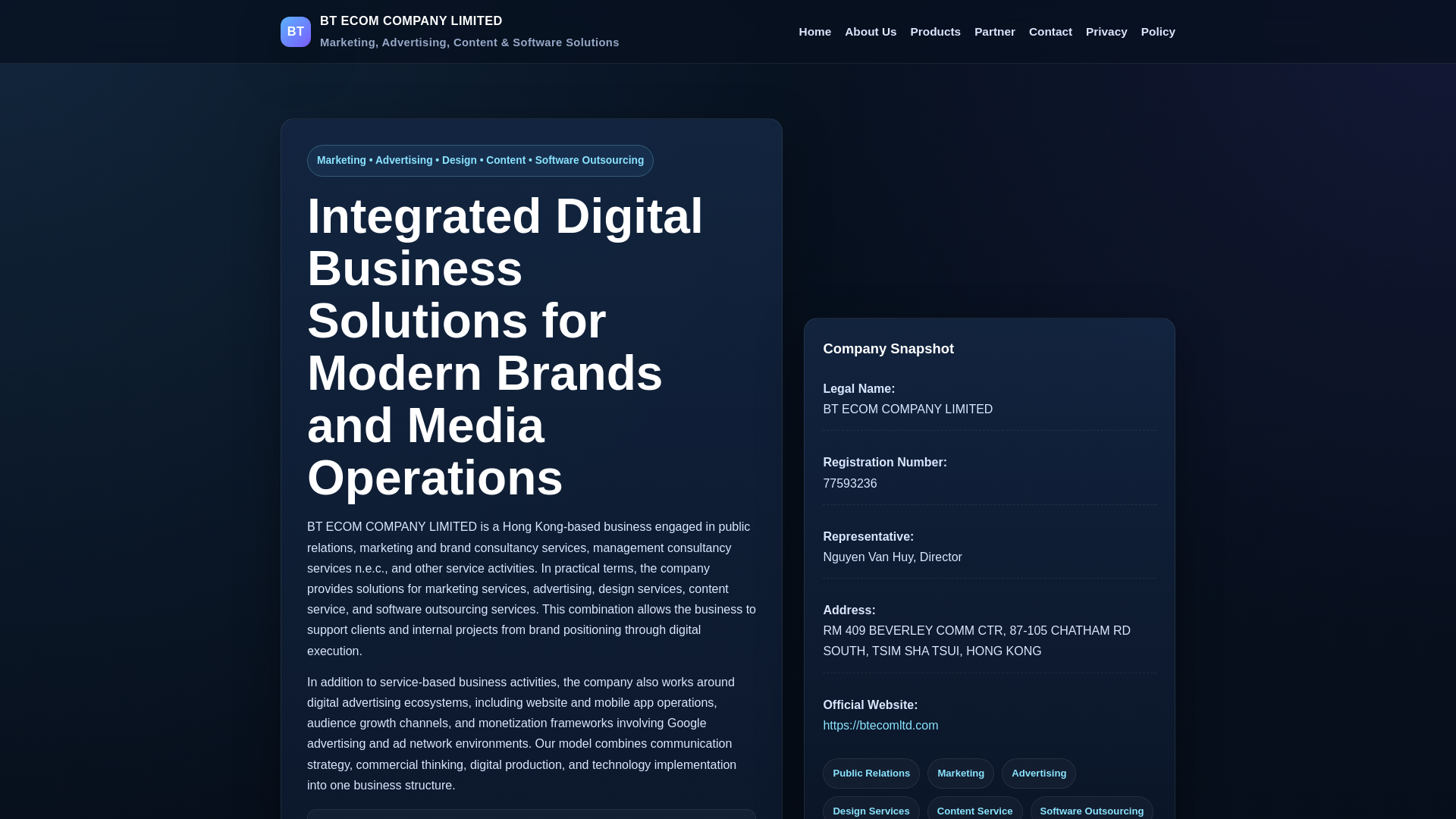 website screenshot of https://btecomltd.com