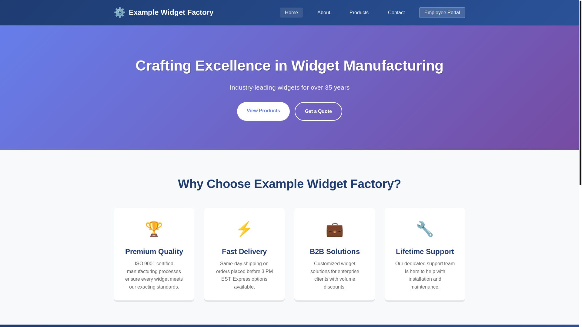 website screenshot of https://examplewidgetfactory.com/