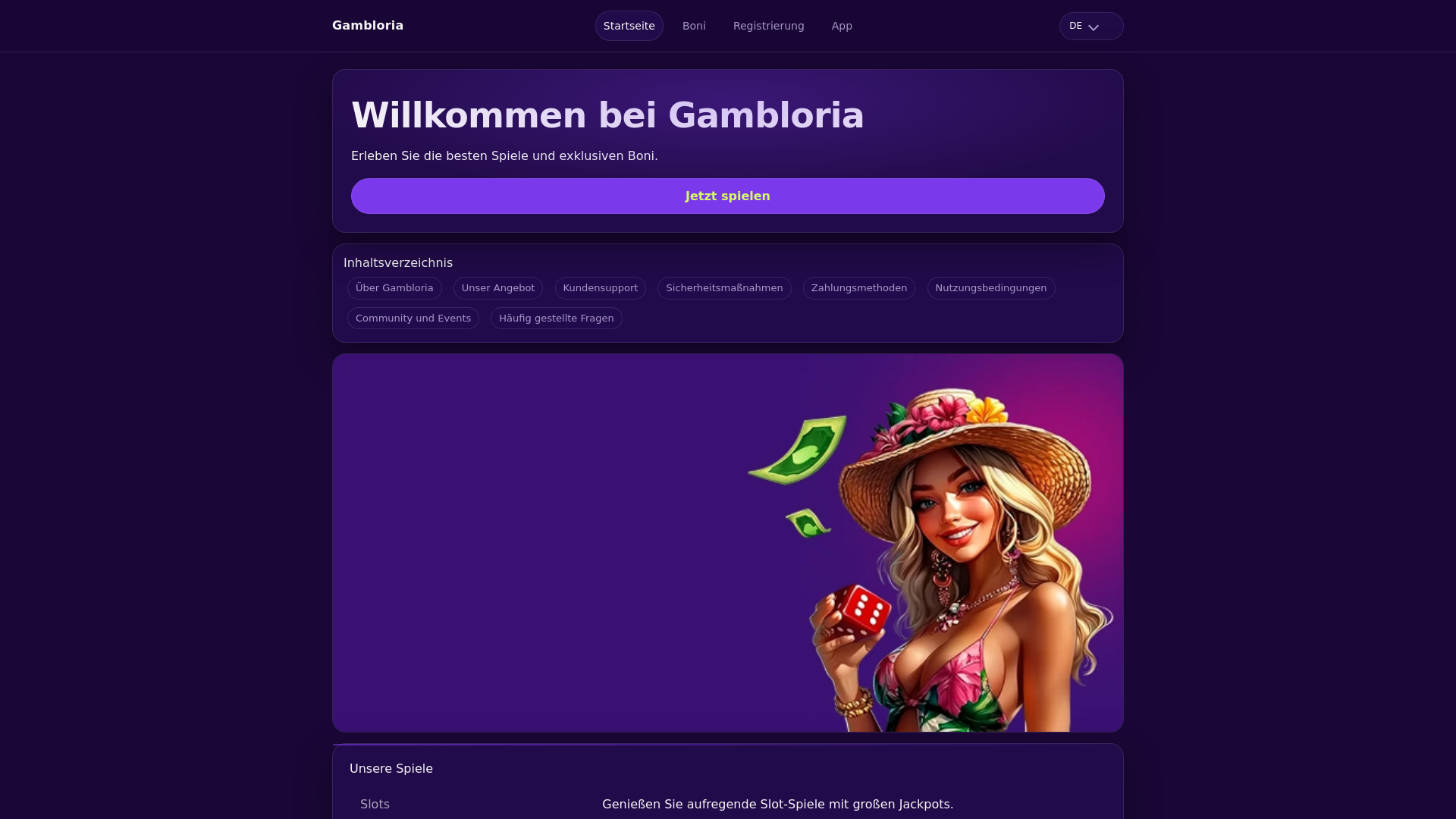 website screenshot of https://gambloria.buzz/