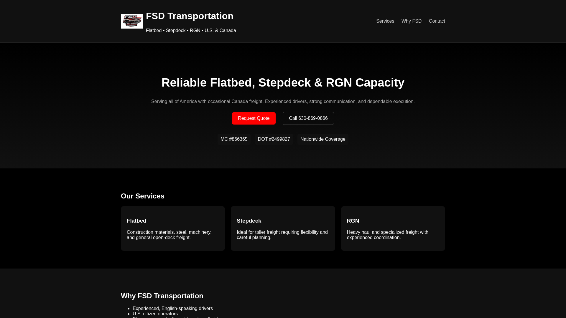 website screenshot of https://fsdtransportation.com
