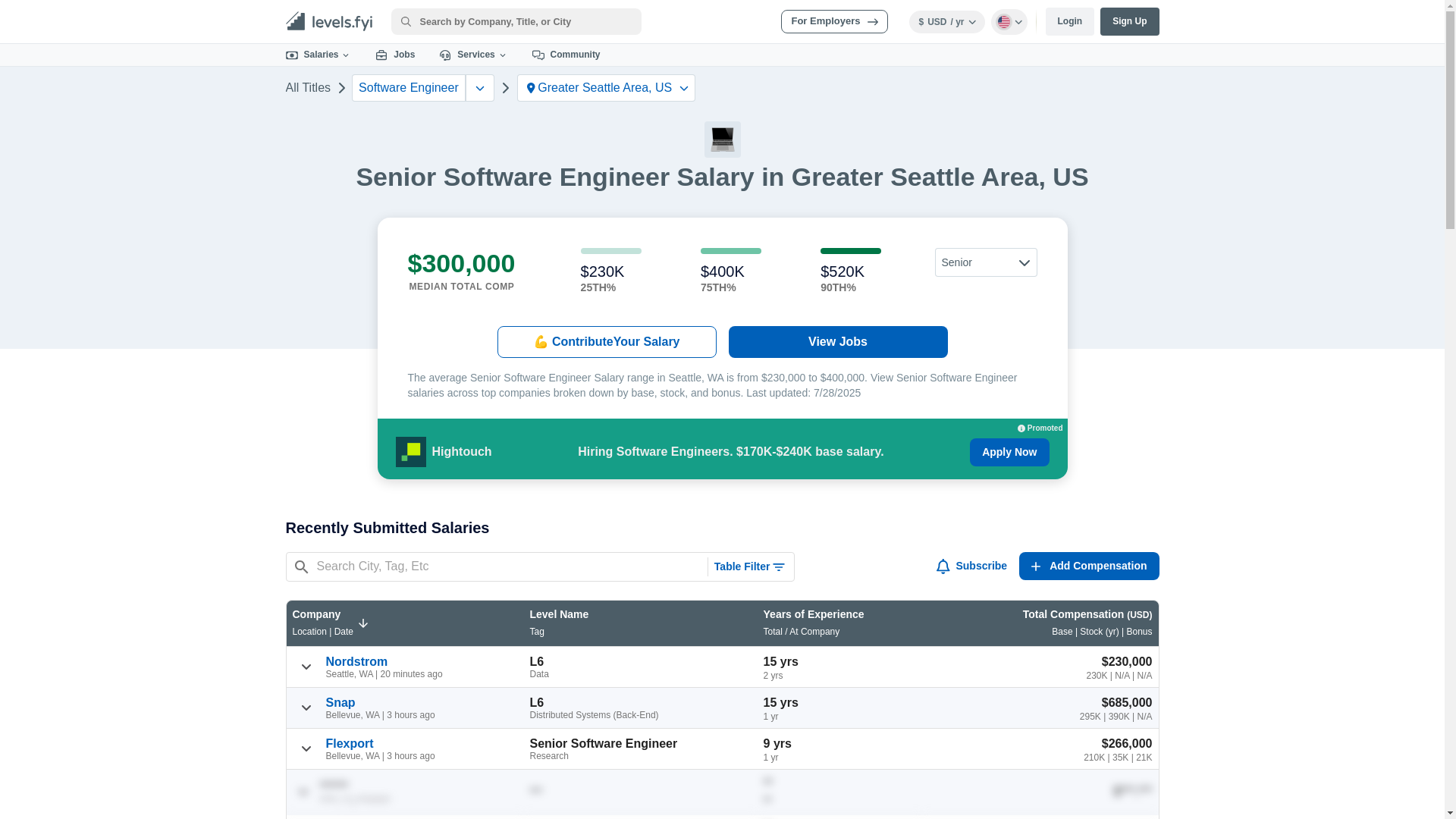 website screenshot of https://www.levels.fyi/t/software-engineer/levels/senior/locations/greater-seattle-area